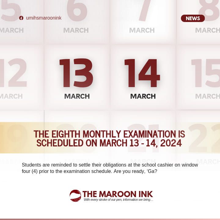 NEWS | UM Ilang High Schools eighth monthly examination will take place...