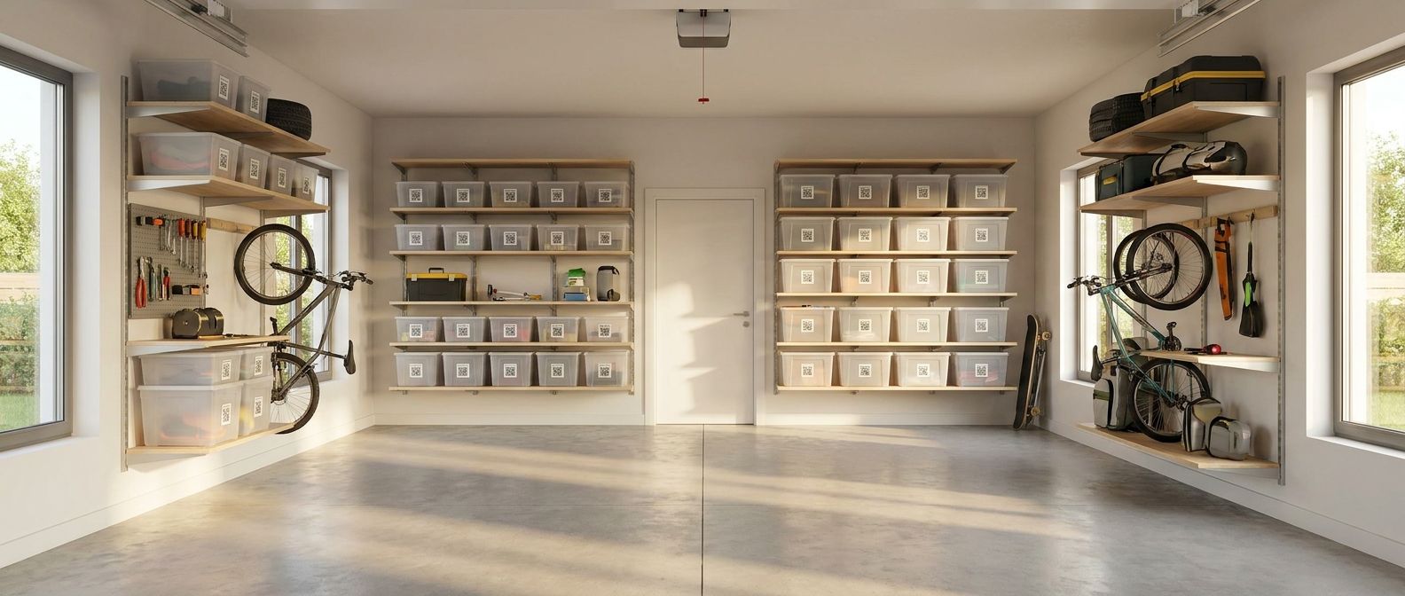 Organized garage shelves with labeled plastic bins and QR code stickers