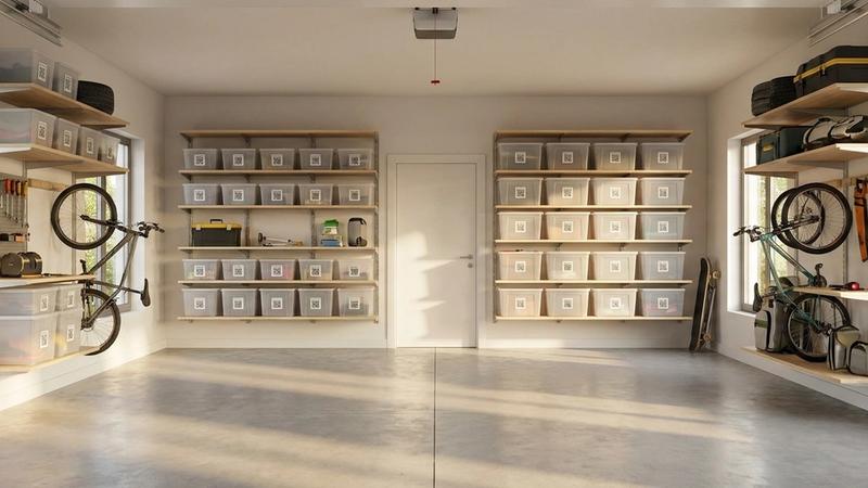 Organized garage shelves with labeled plastic bins and QR code stickers