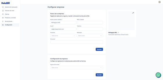 Captura del paso 2: Escribe tu razón social y tu RNC en HolaBill