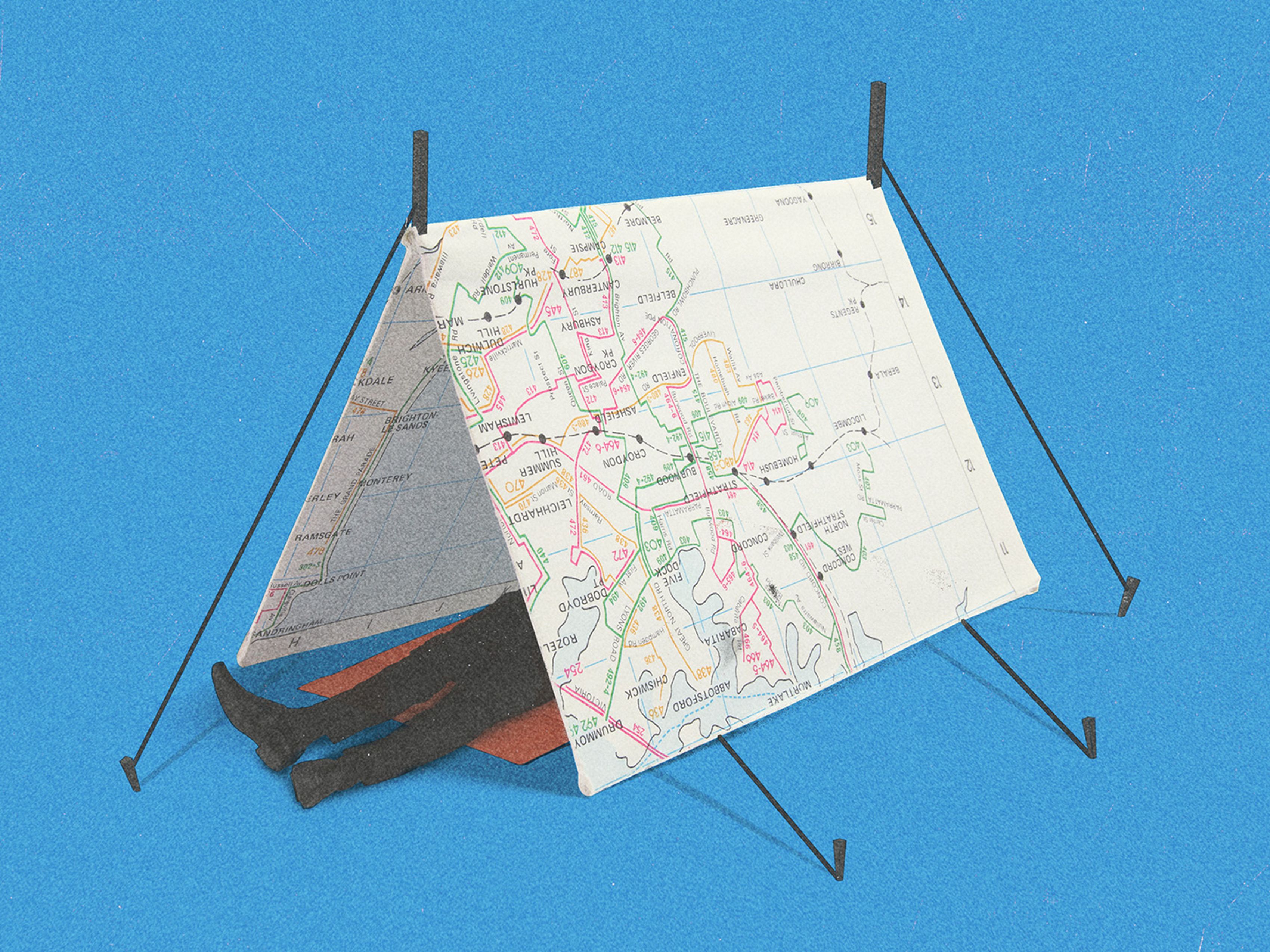 tent that looks like a subway map with person sleeping under it
