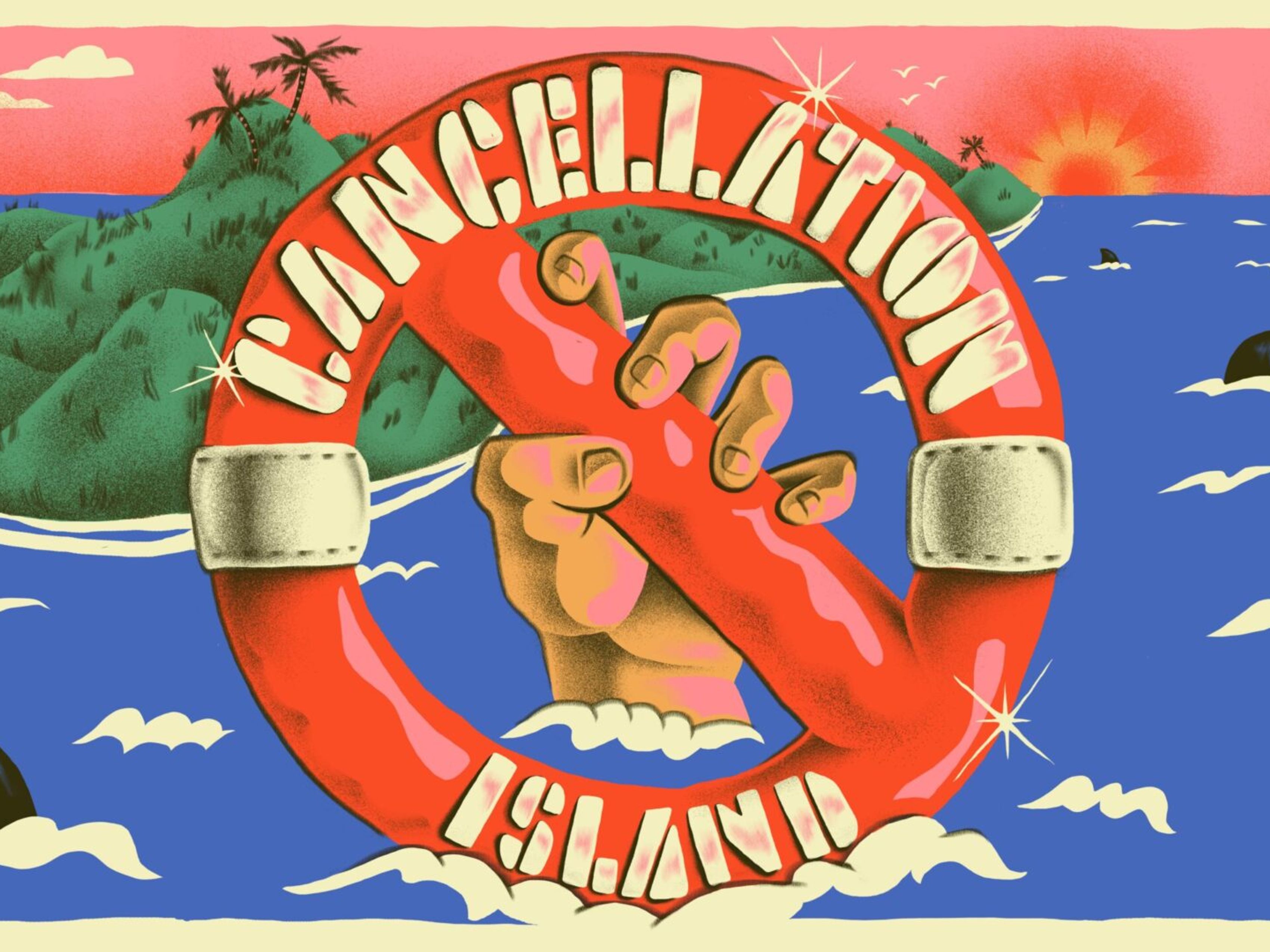 Cancellation Island artwork image drawing of hand holding life preserver ring with sharks