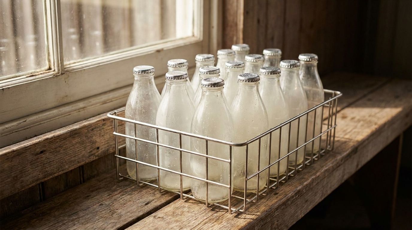 Empty glass milk bottles in a wire crate