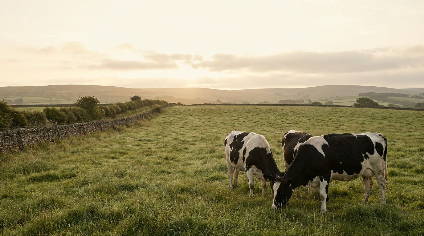 Dairy cows grazing in a pasture in soft morning light