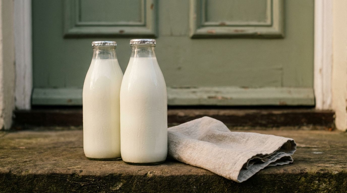 Glass milk bottles on a London doorstep at dawn