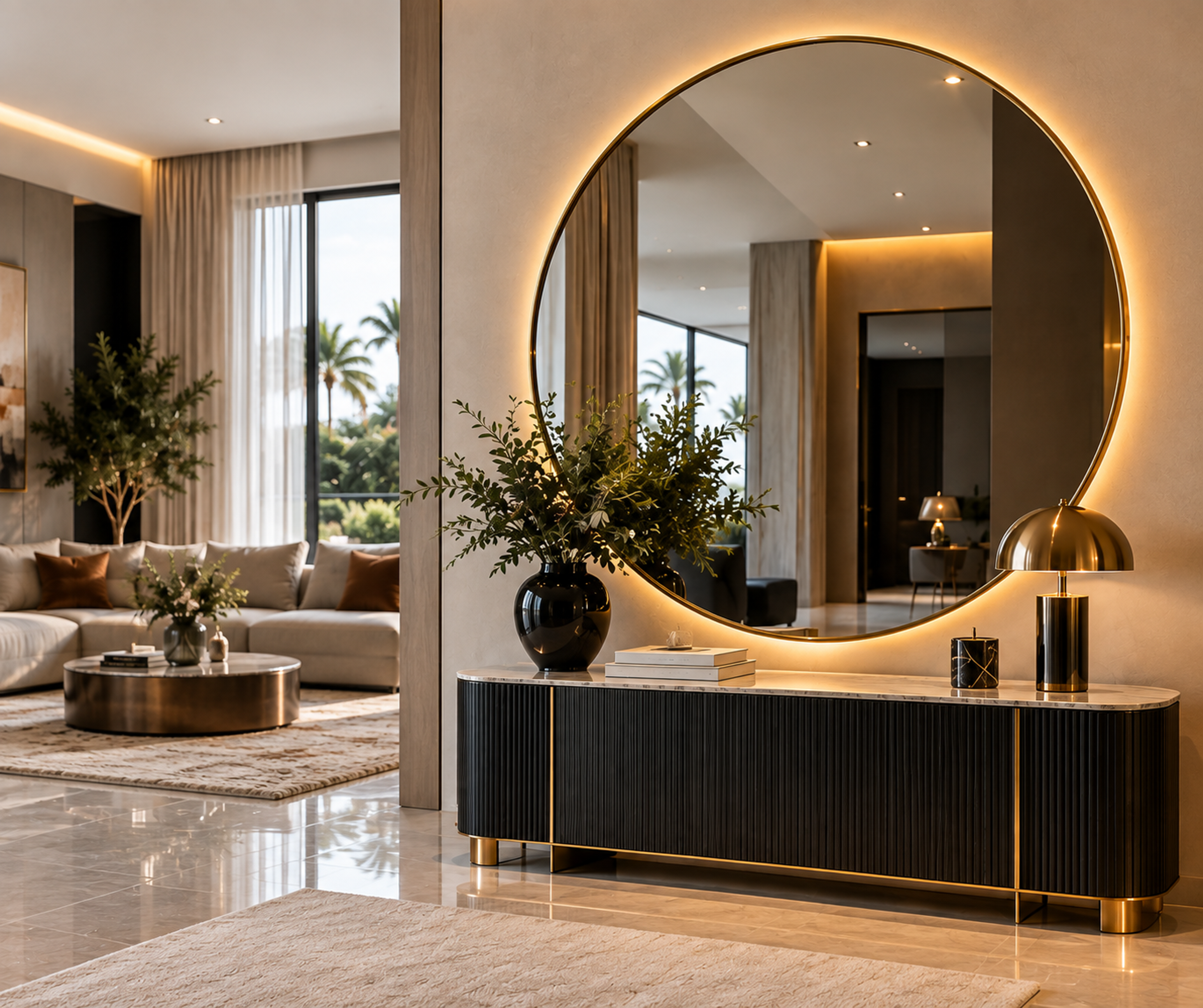 Miroir rond rétroéclairé au-dessus d'un meuble console pour agrandir l'entrée