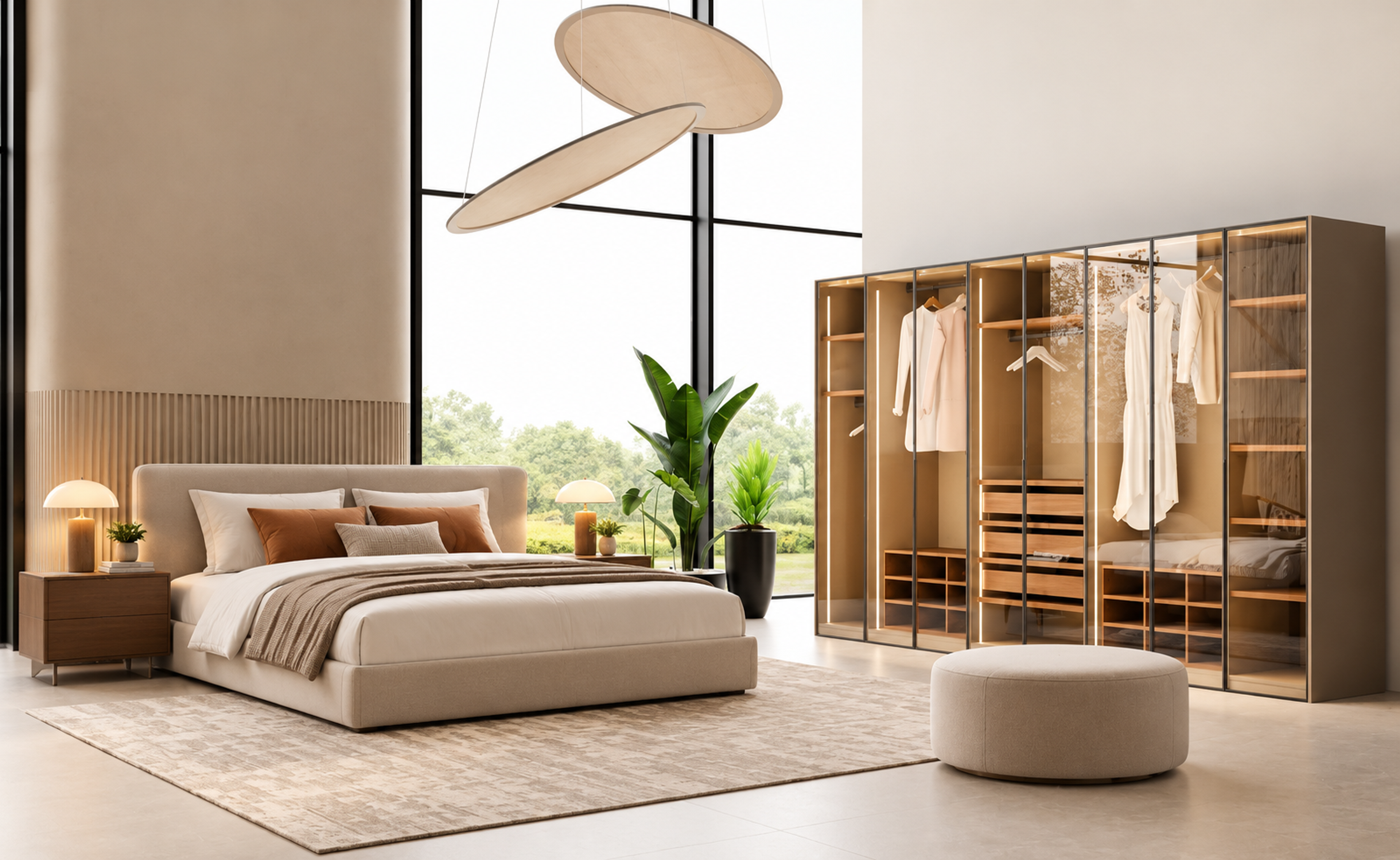 Armoire vitrée moderne avec rangements intégrés dans une chambre élégante