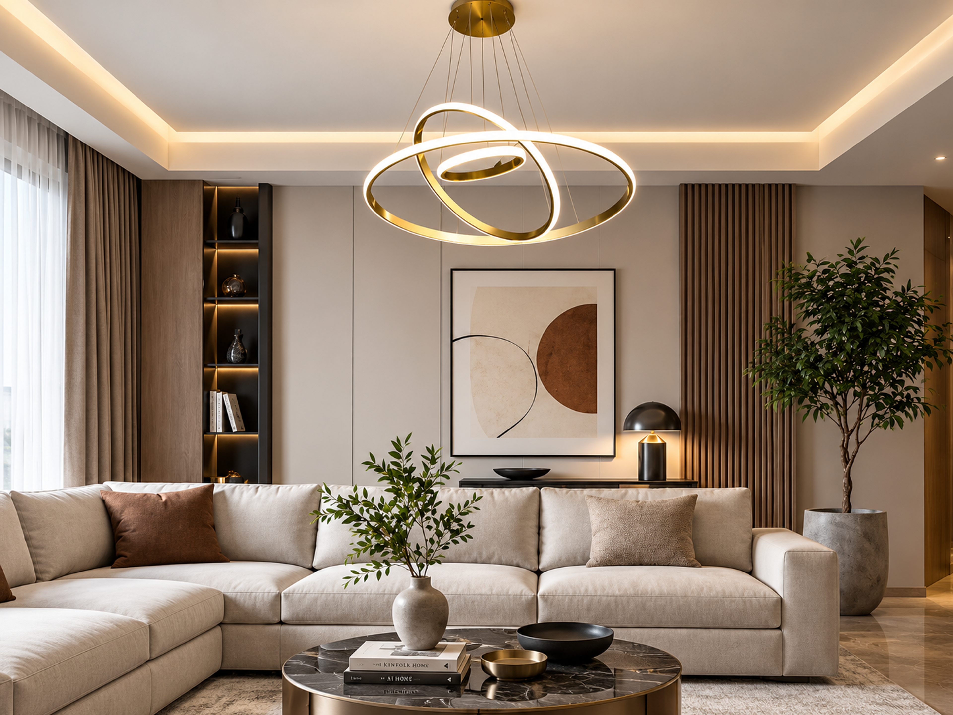 Luminaire suspendu apportant un éclairage chaleureux dans un salon contemporain
