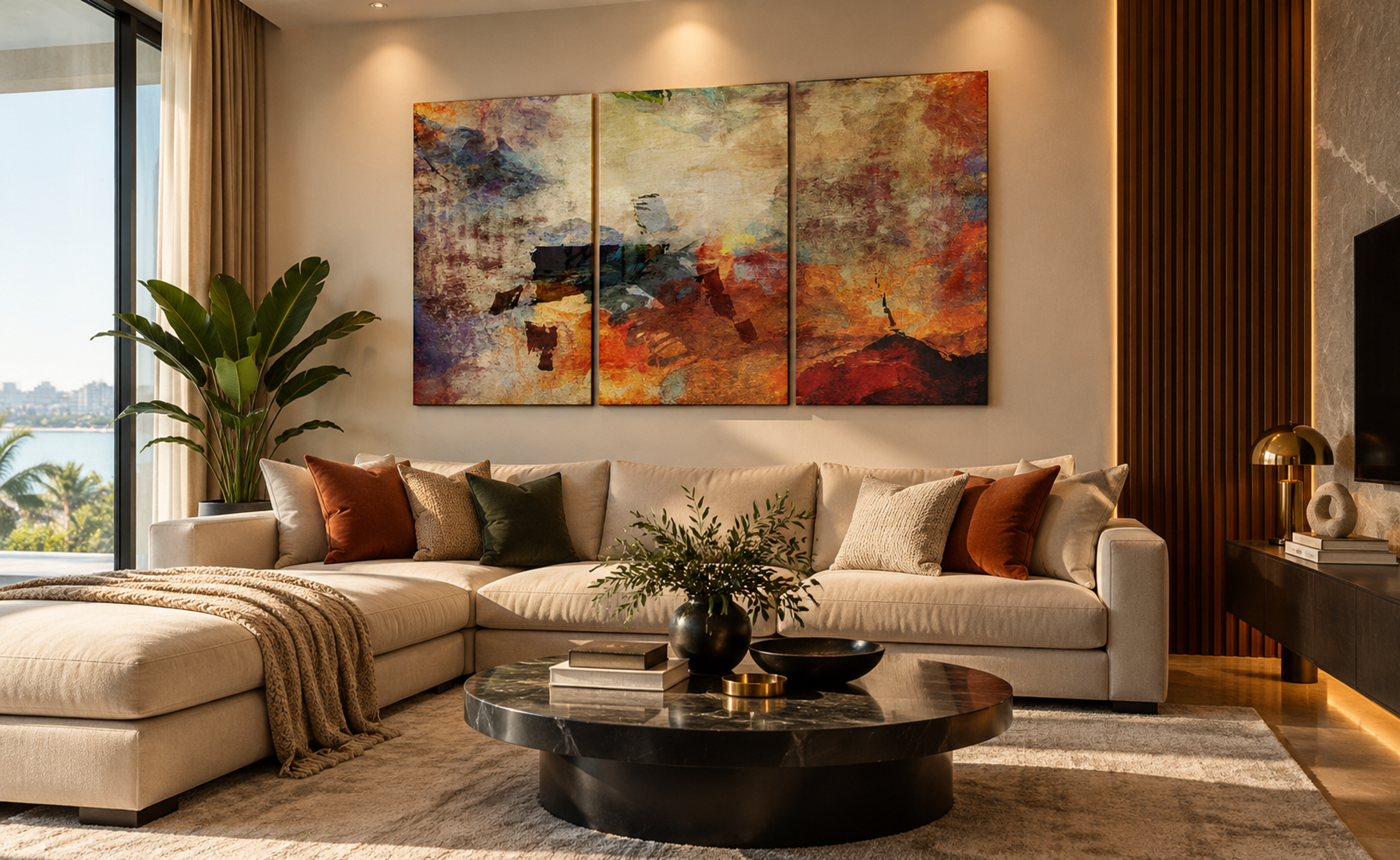 Tableau abstrait triptyque aux tons chauds dans un salon contemporain haut de gamme.