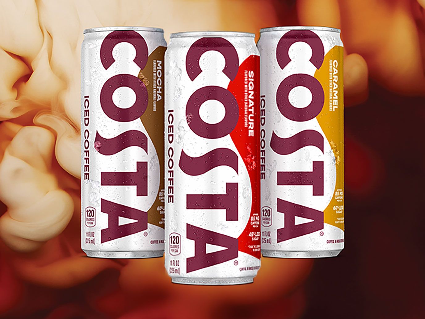 Image of three cans of Iced Coffee by Costa Coffee - flavors Signature, Caramel and Mocha 