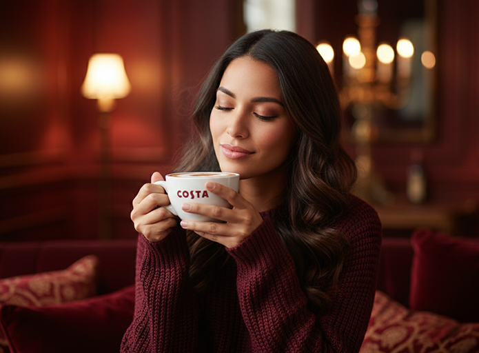 Mujer morena de pelo largo en suéter rojo en sofá, ojos cerrados, sosteniendo café Costa