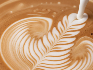Primer plano de arte latte con diseño de hoja al verter leche en capuchino