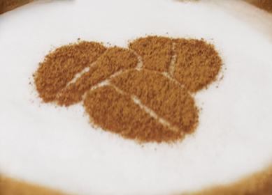 Capuchino con arte latte, canela y granos de café junto a la bebida espumosa
