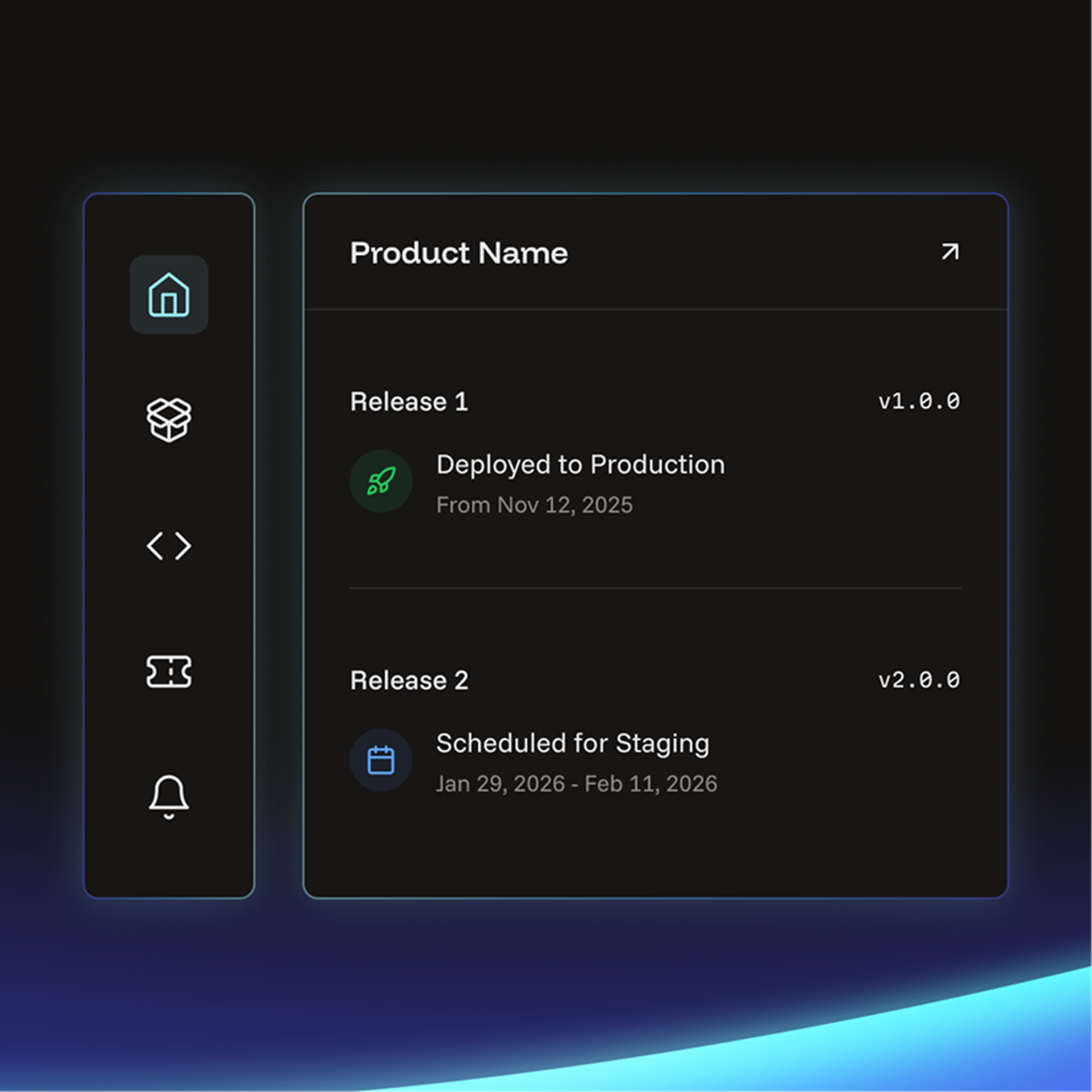A dark product dashboard listing software releases and their deployment status