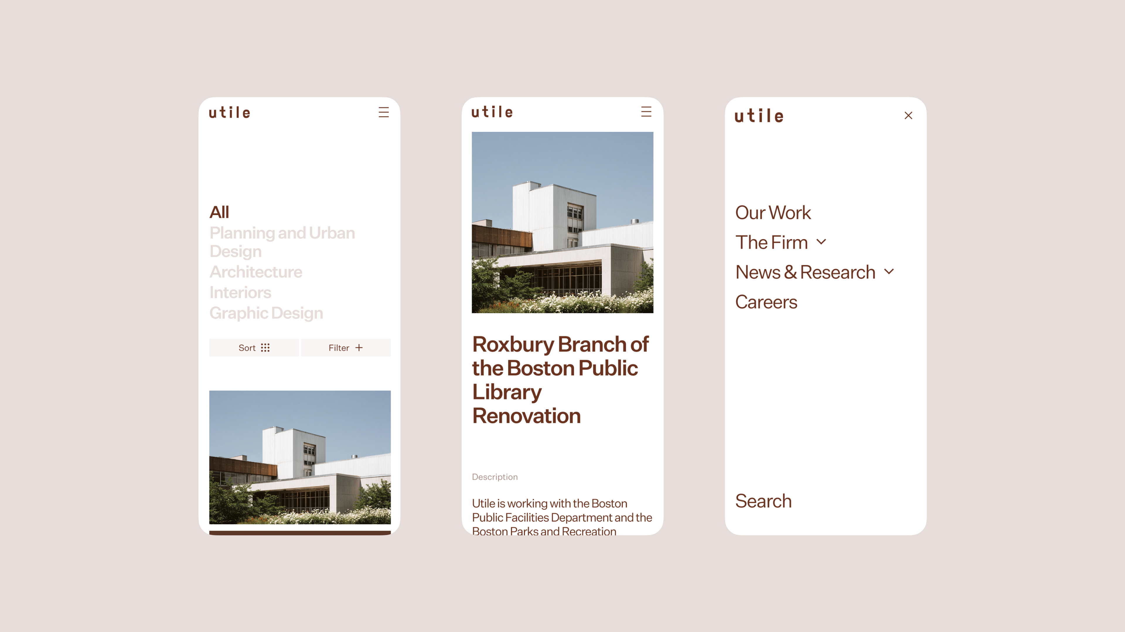 Row of 3 mobile screens showing the Utile website design