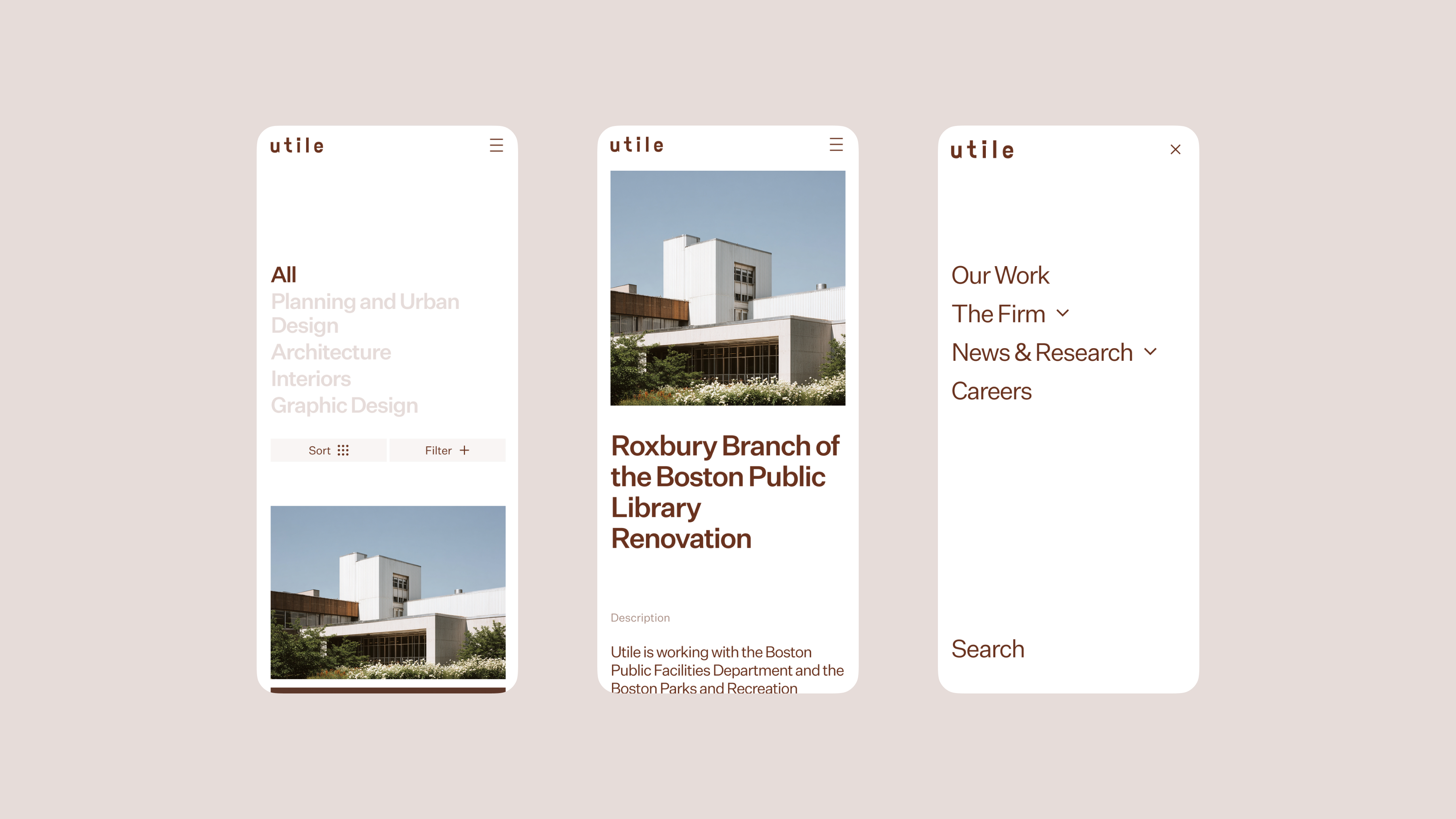 Row of 3 mobile screens showing the Utile website design