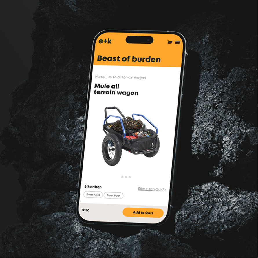 The earth+kin store on a phone, open on the Mule all-terrain wagon