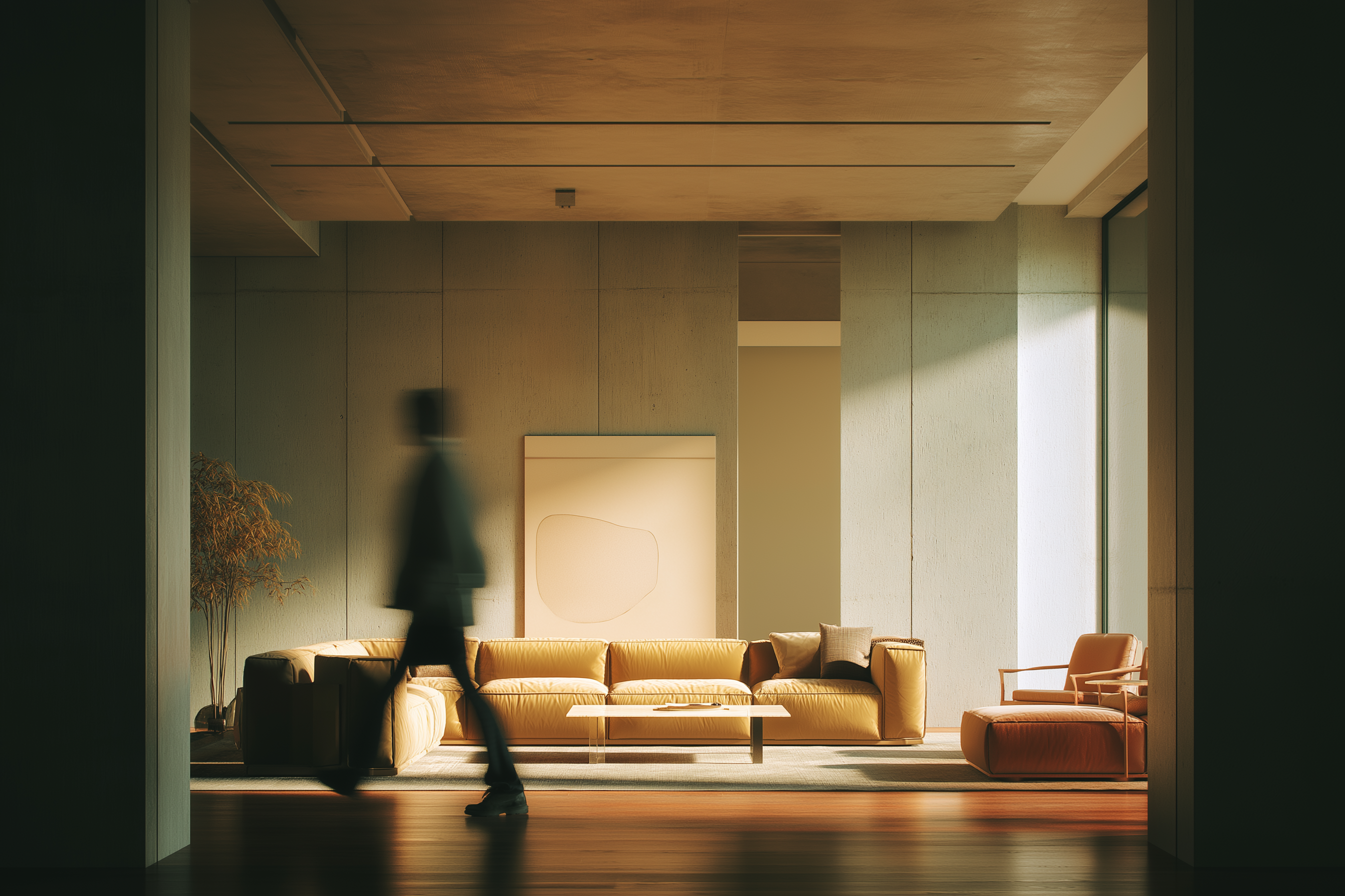 Long exposure photo of a person walking through a softly window-lit room