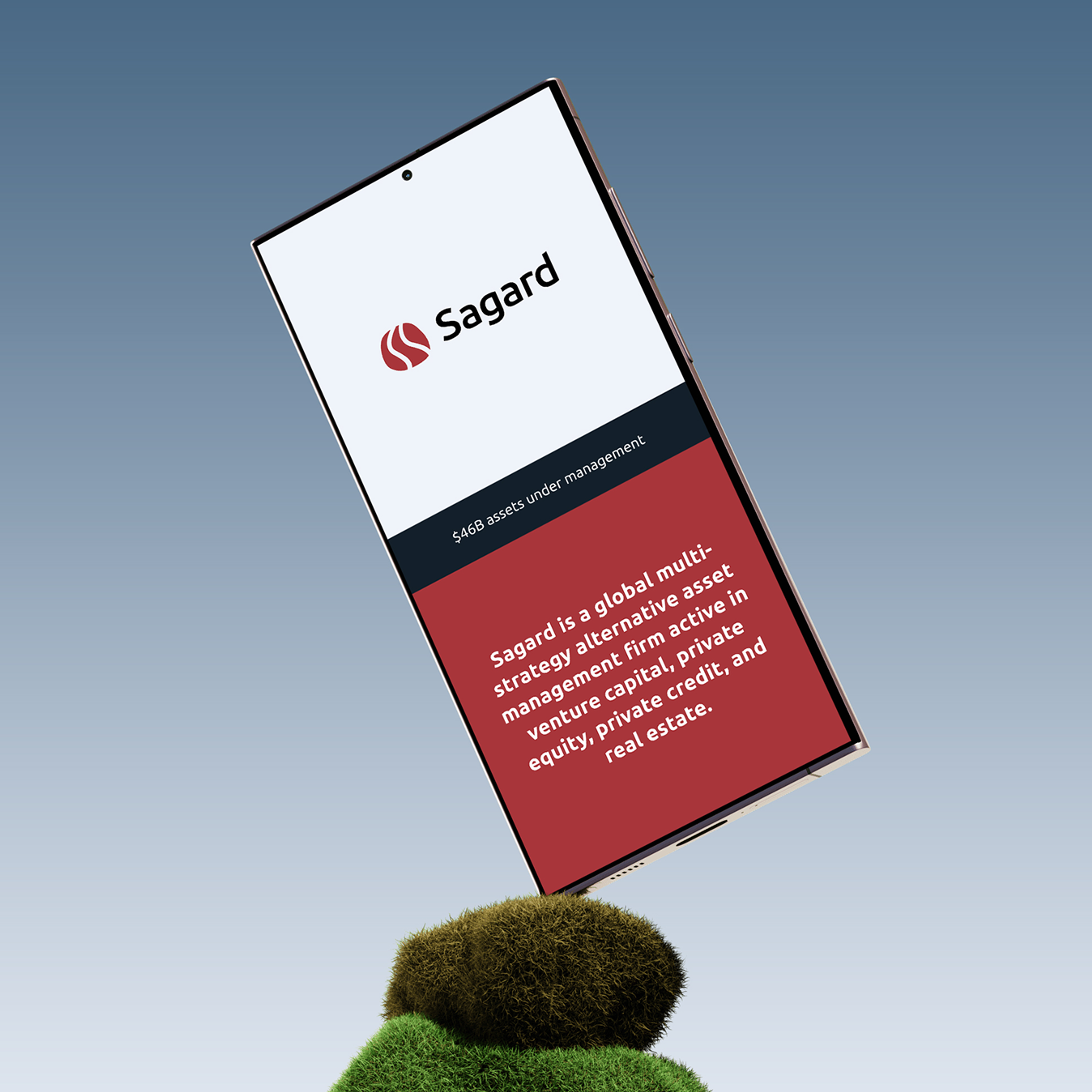 Mobile phone mockup standing on its corner, showing the Sagard home page