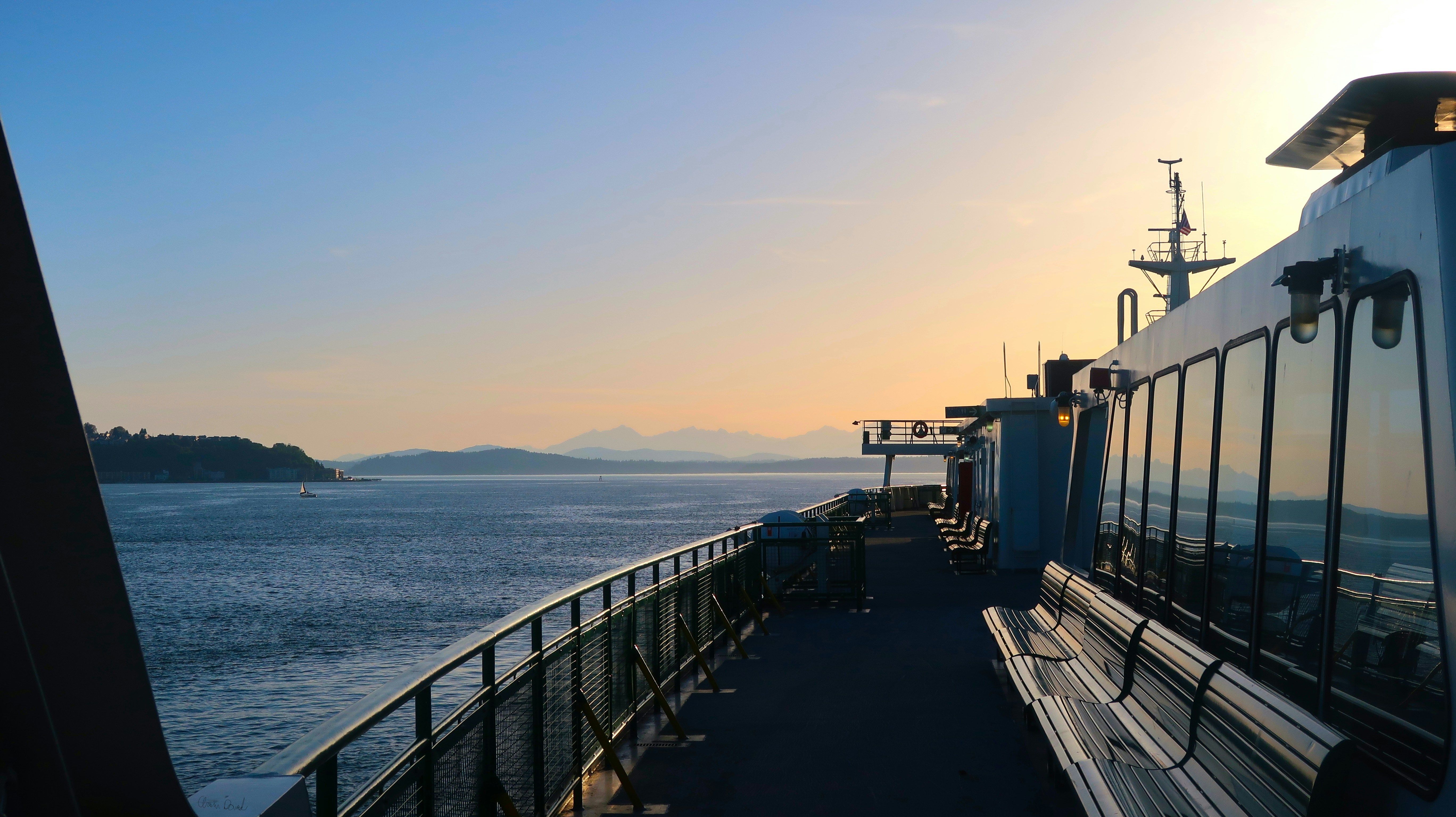 The deck of a Washington State ferry on Puget Sound at sunset