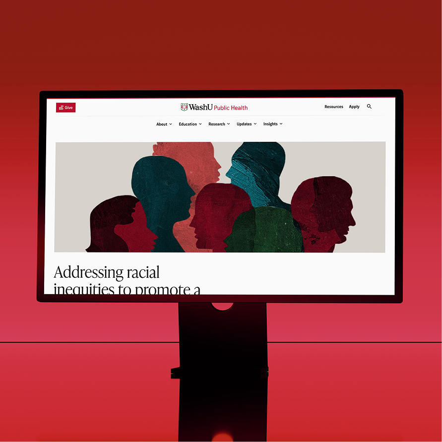 The WashU Public Health site on a monitor, leading with an article on racial inequities