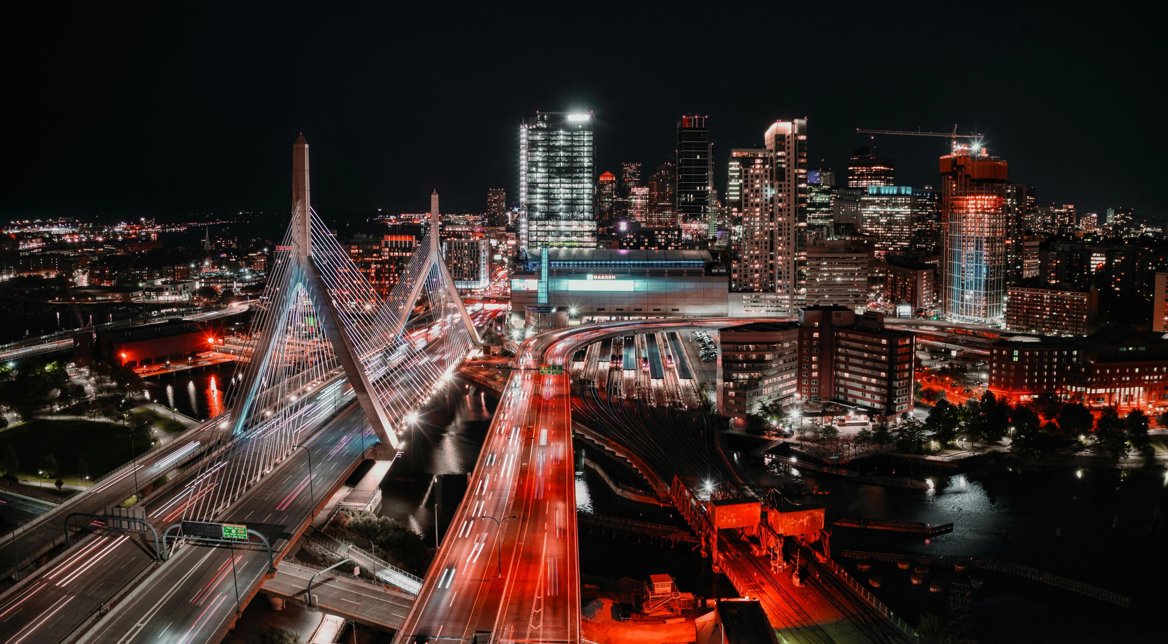 The Zakim Bridge and Boston skyline at night