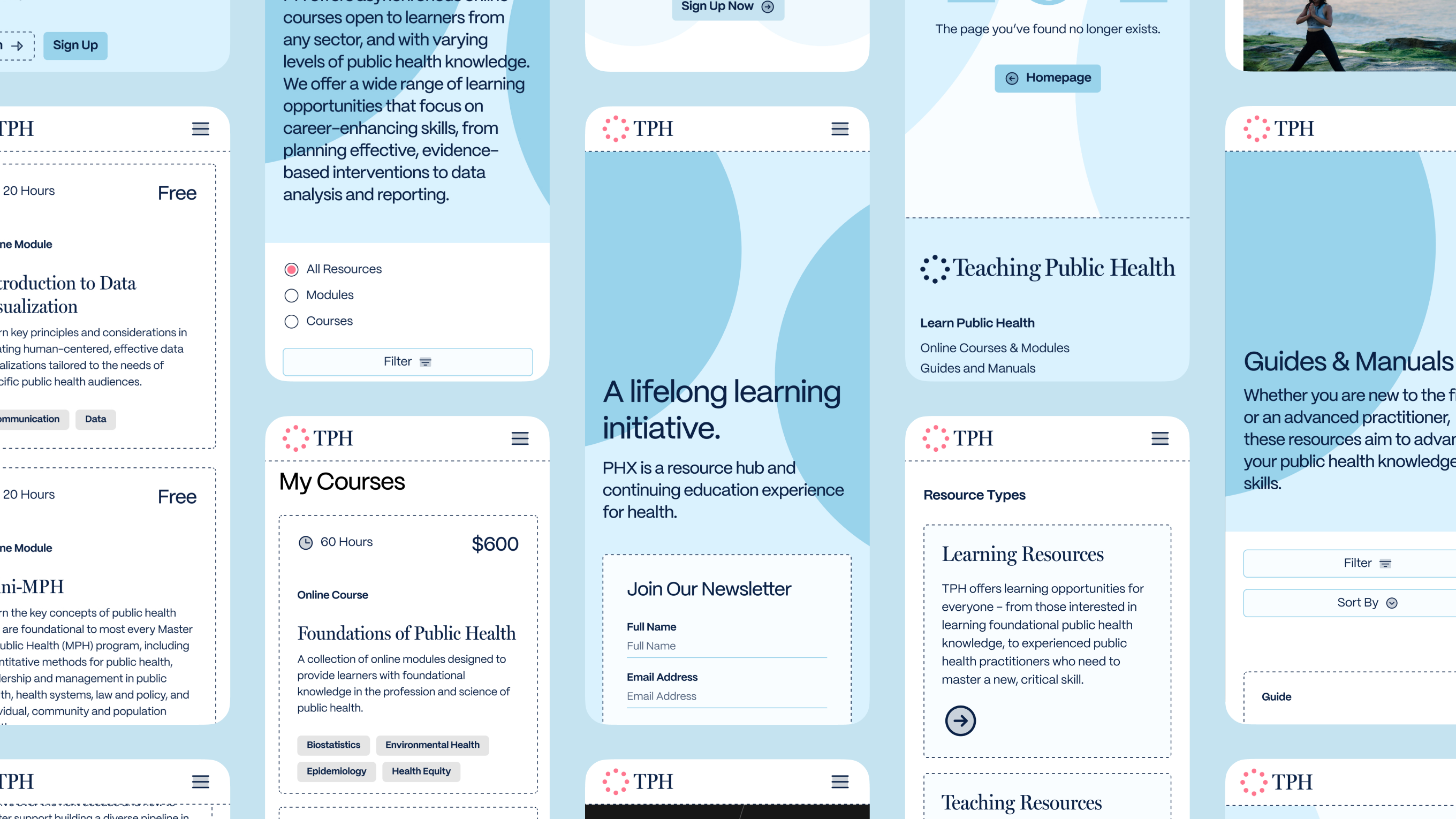 Grid of mobile phone screens showing various screens from the TPH website