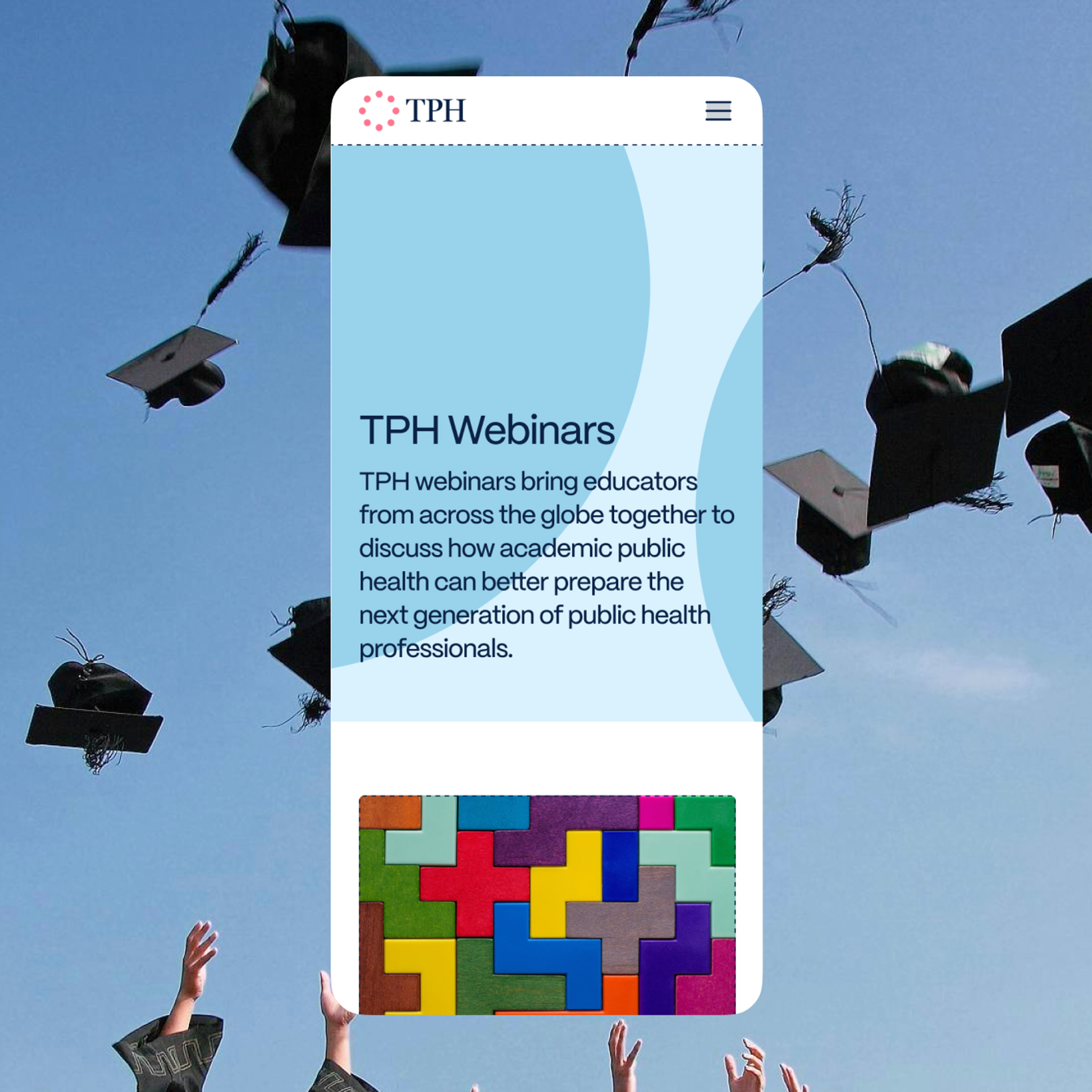 Mobile screen on top of a background image of graduation caps in the air