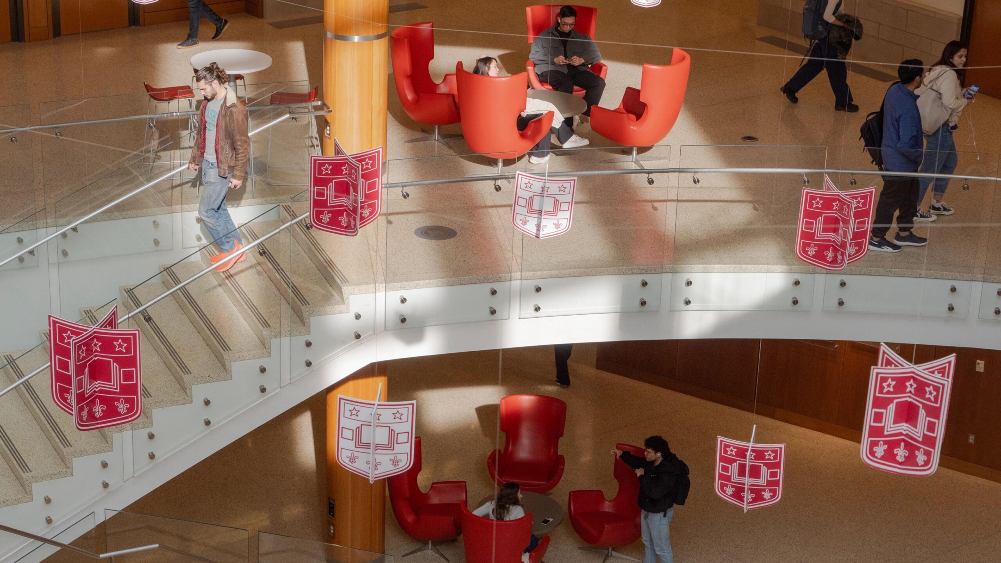 Interior photo of the WashU campus showing a staircase