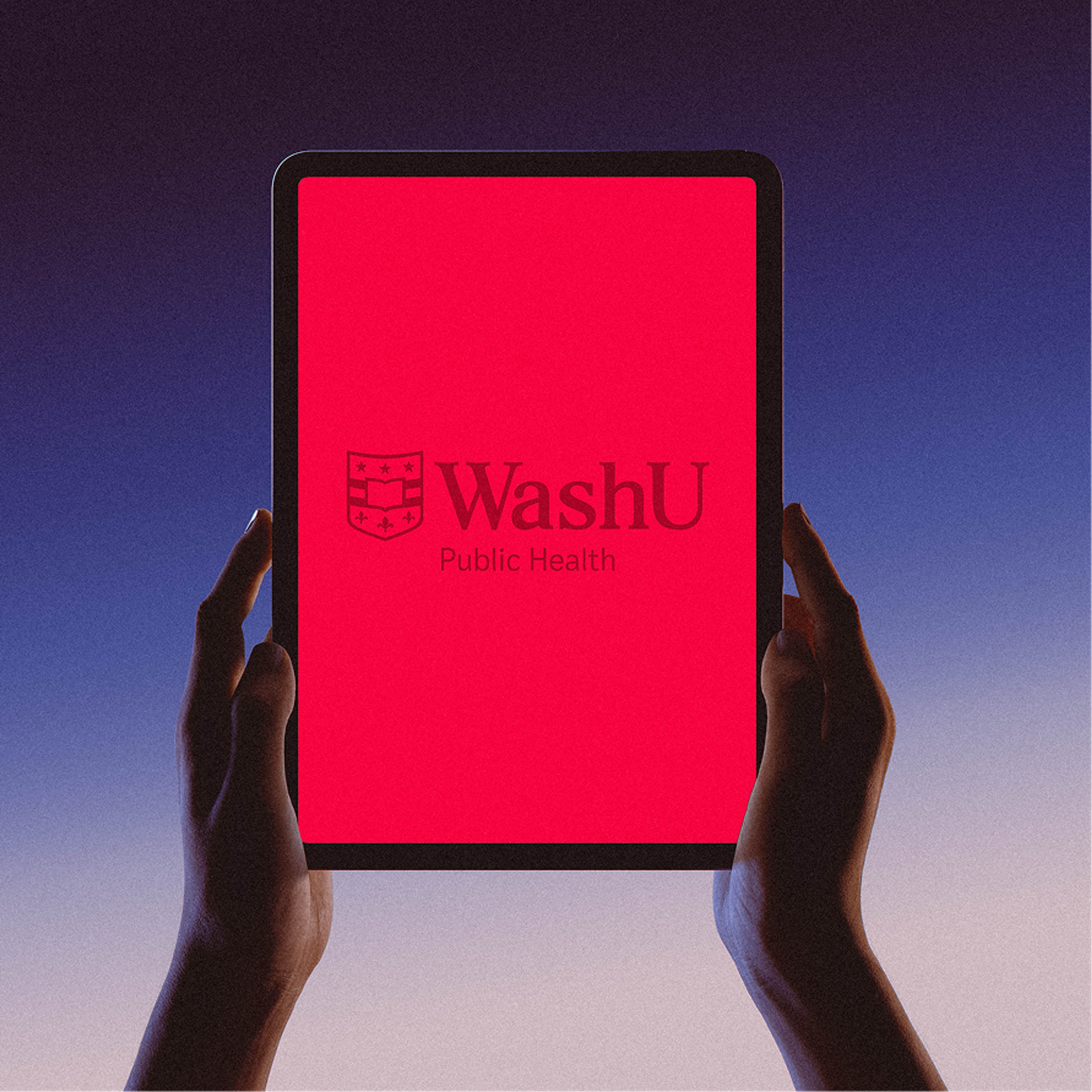 Hands holding a tablet showing the WashU Public Health logo