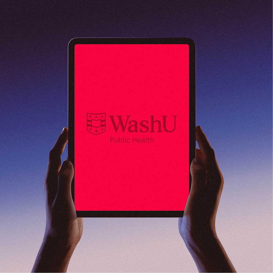 Hands holding a tablet showing the WashU Public Health logo