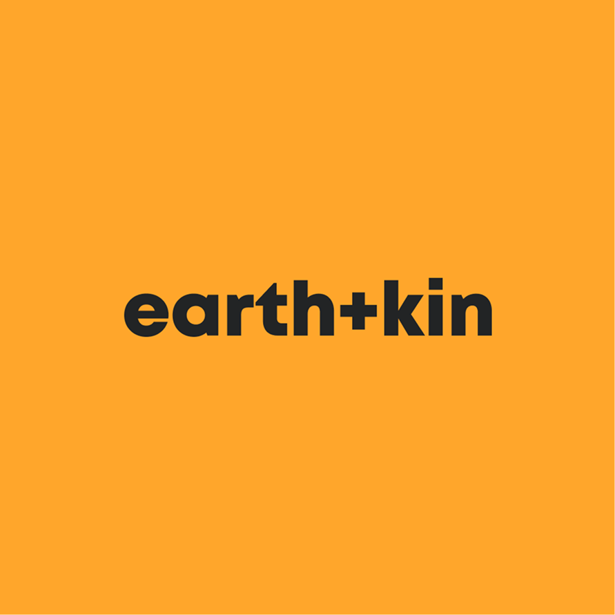 The earth+kin wordmark on orange