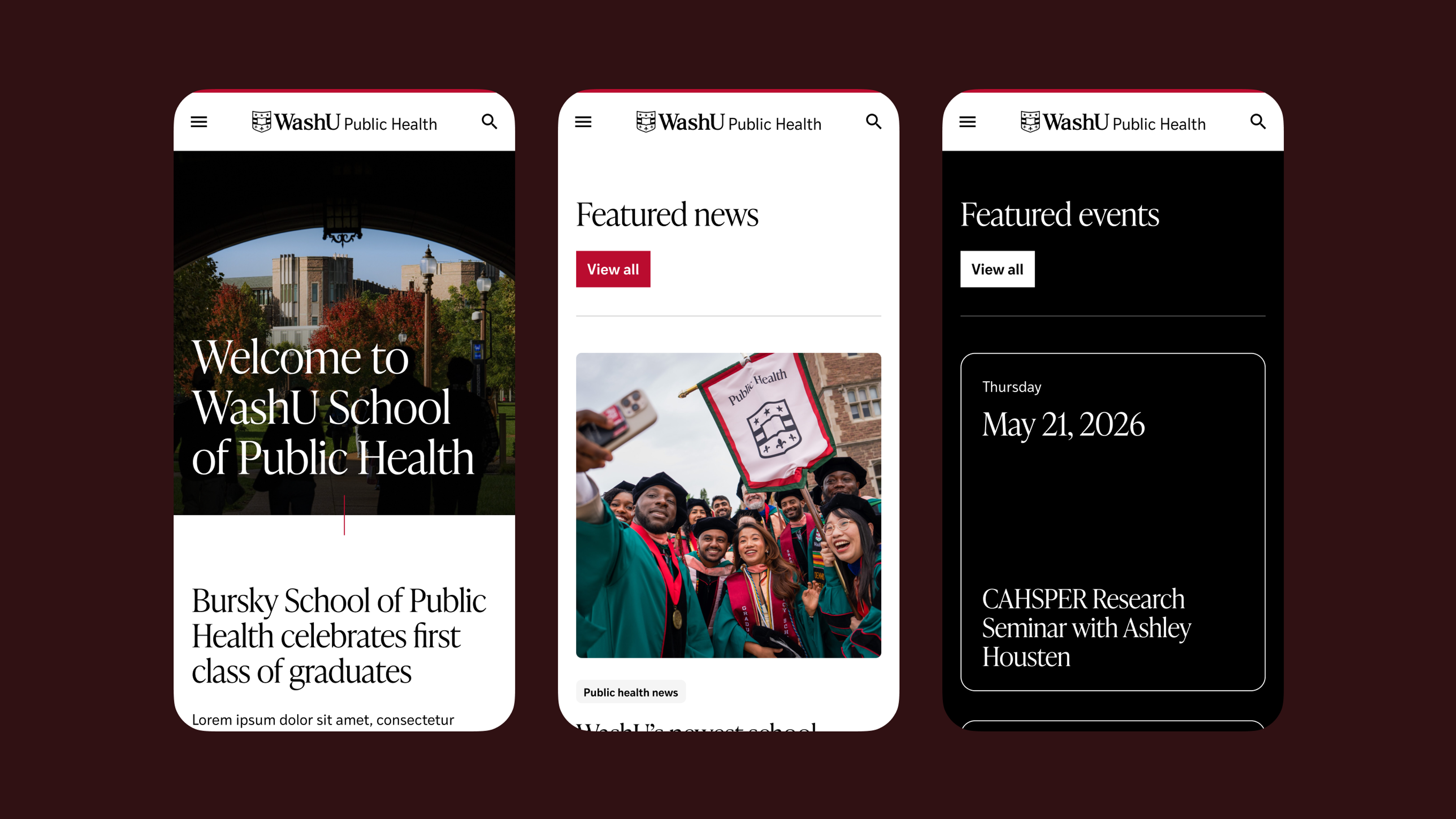 3 mobile screens showing the WashU website