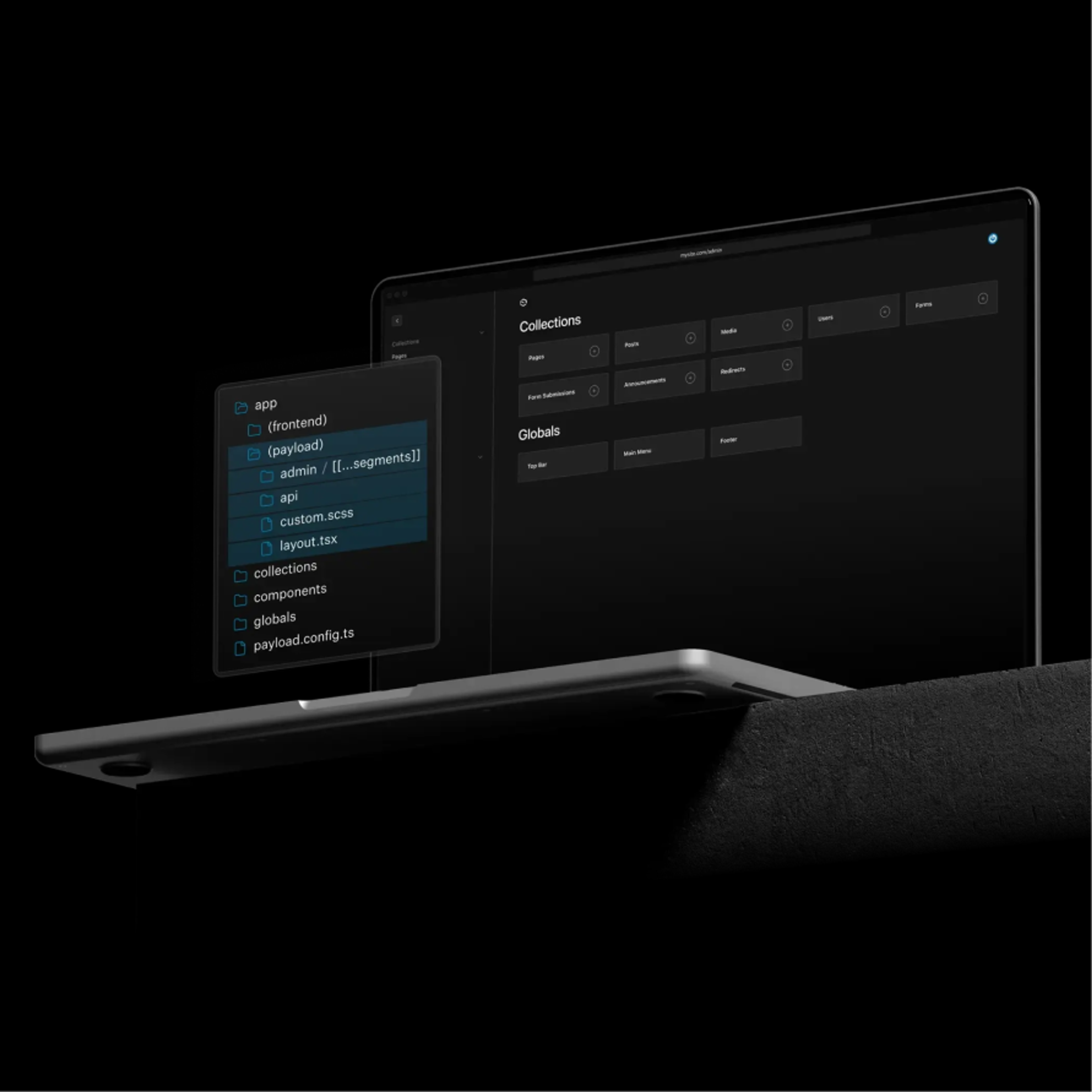 Payload CMS UI shown on a laptop screen