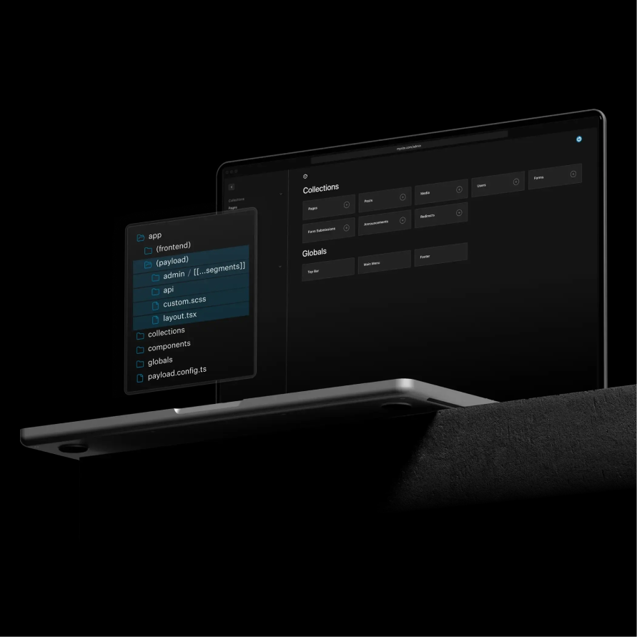 Payload CMS UI shown on a laptop screen