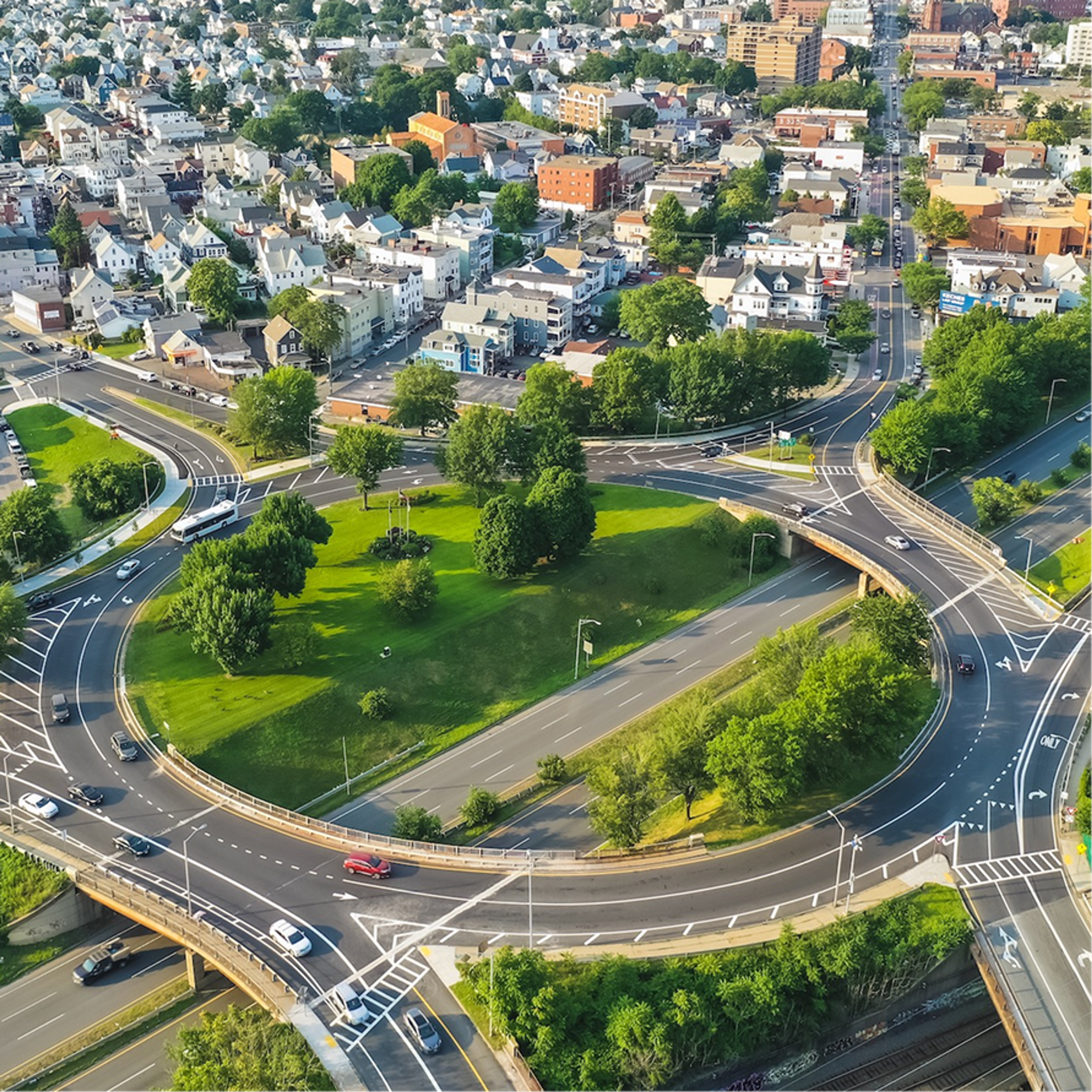 An aerial view of a highway interchange looping around a park, with houses beyond