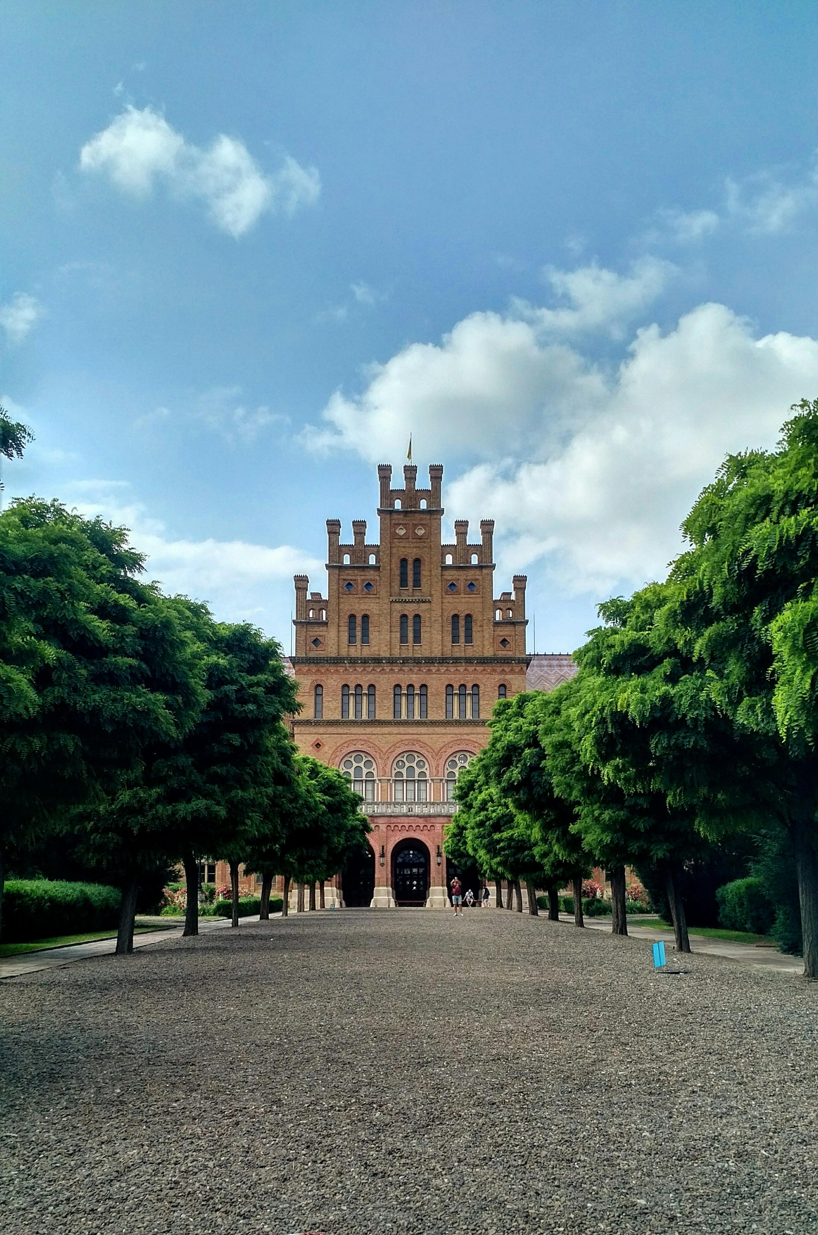 Exterior photo of a building with trees in the foreground
