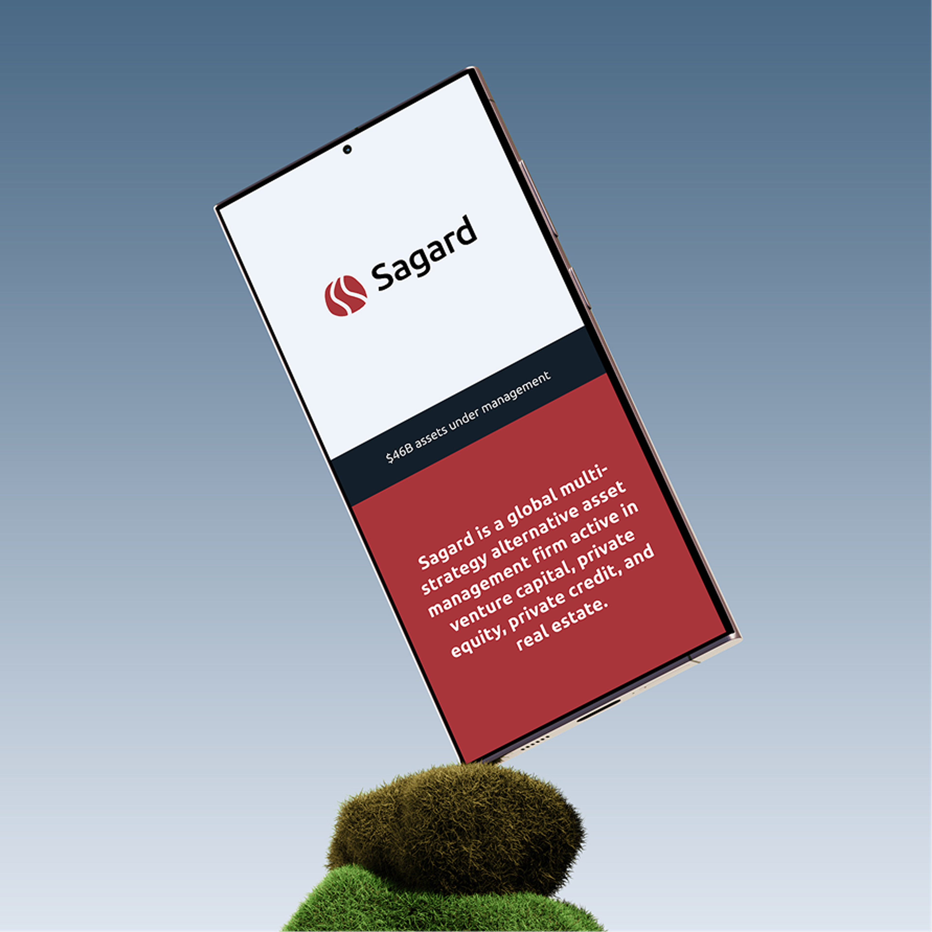 The Sagard site on a phone, noting $46B in assets under management