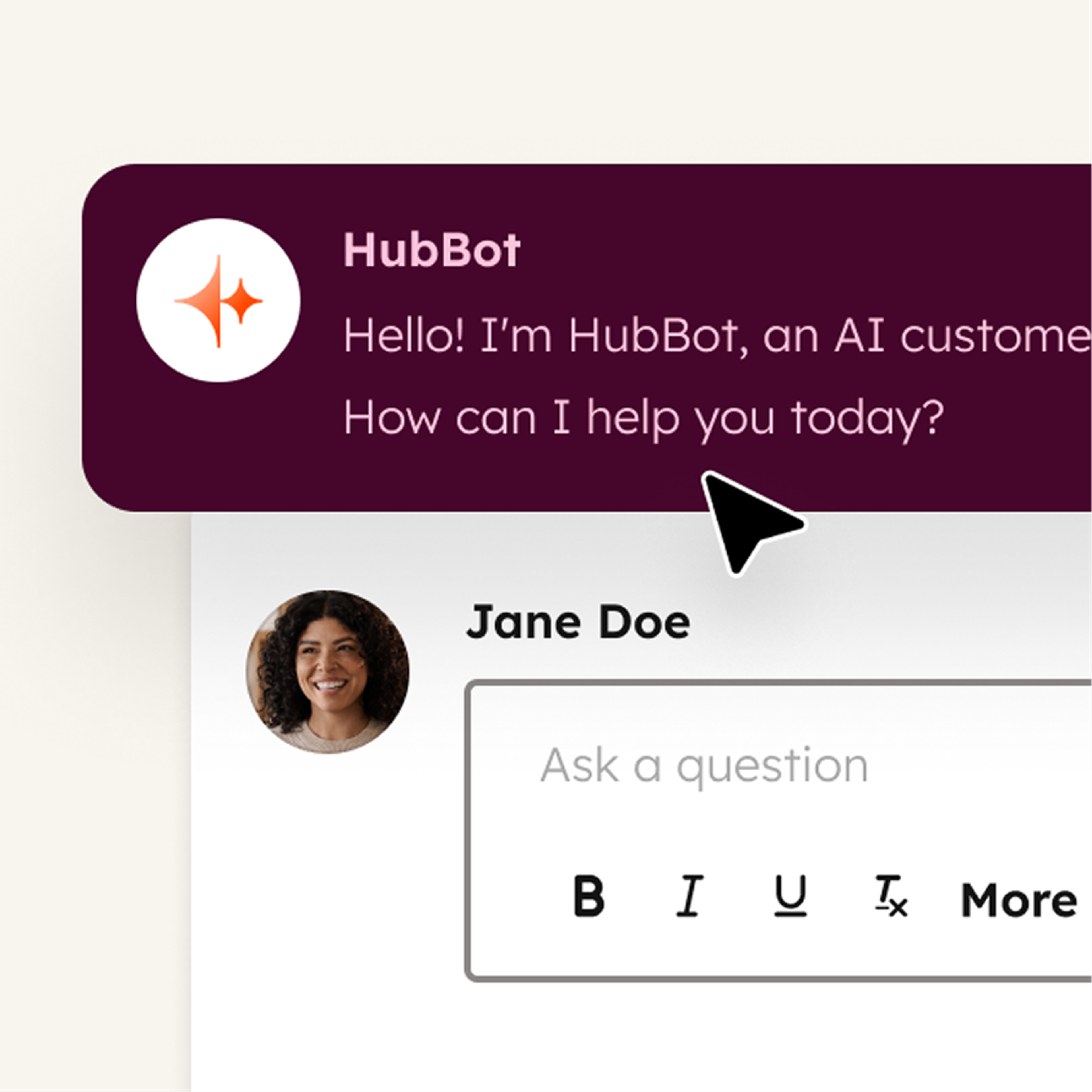 HubSpot's HubBot assistant offering help above a question box