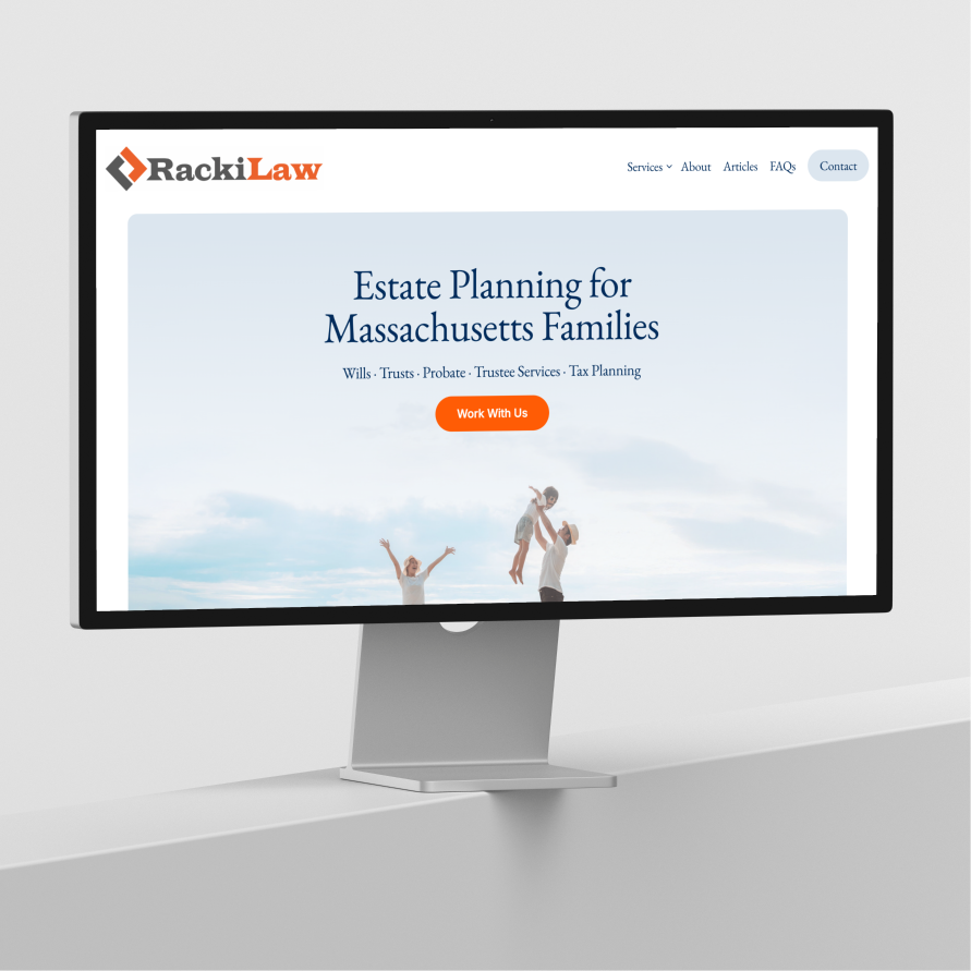 The Racki Law estate planning site on a desktop monitor