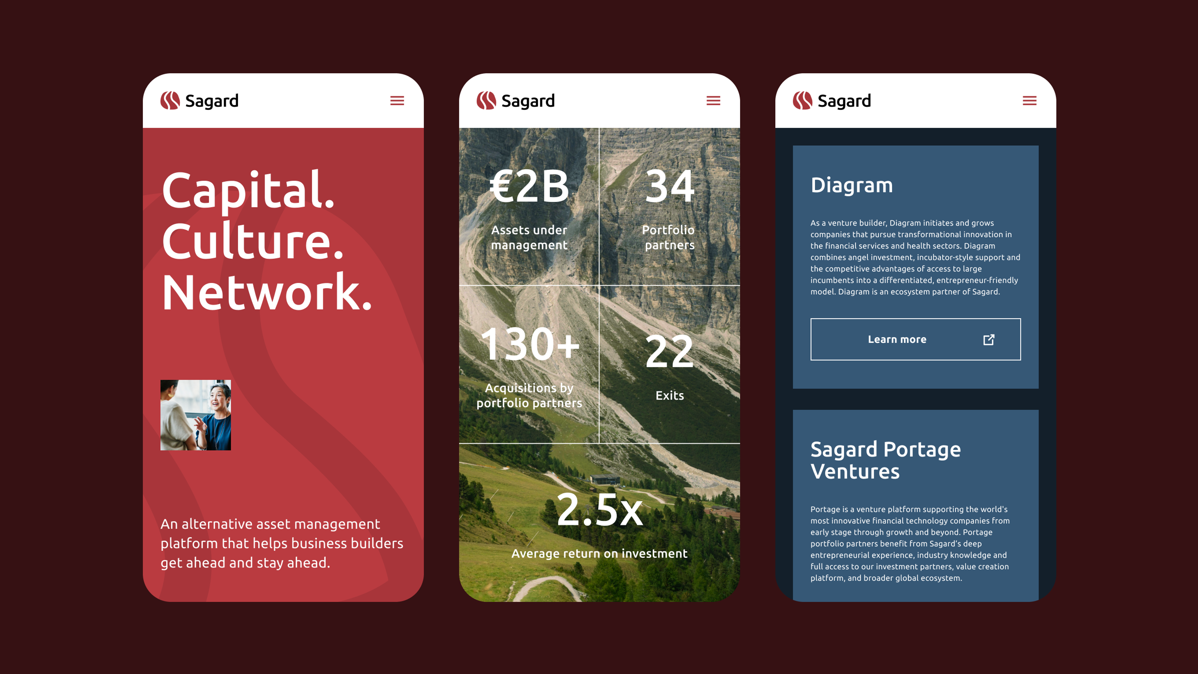 3 mobile phone screens showing various views of the Sagard website