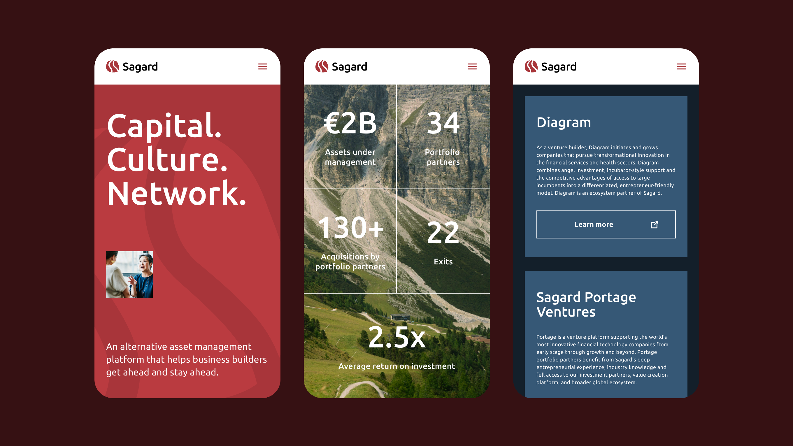 3 mobile phone screens showing various views of the Sagard website