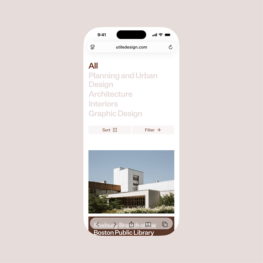 Phone screen showing architecture website