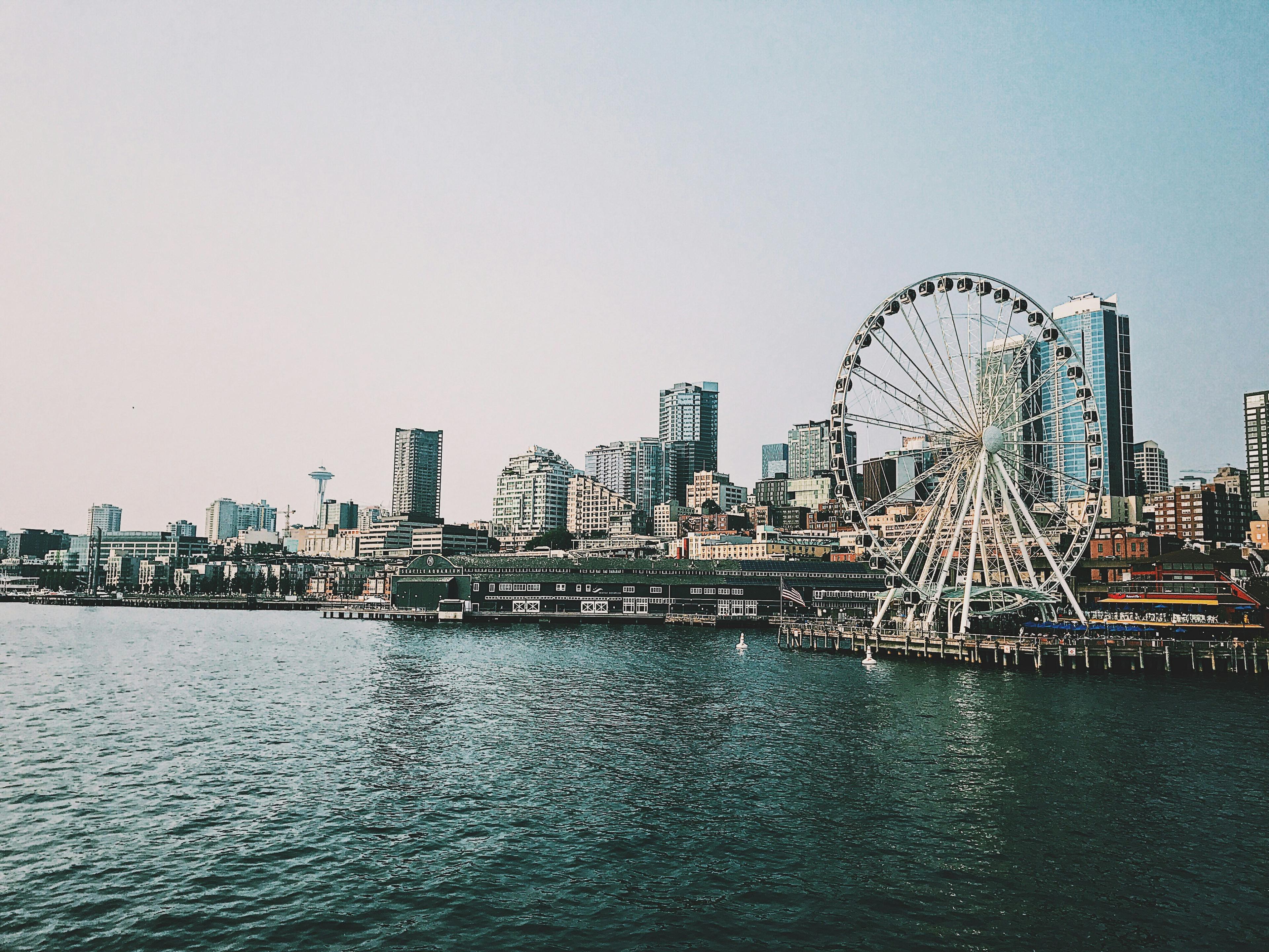 The Seattle waterfront from Elliott Bay, with the Great Wheel and Space Needle
