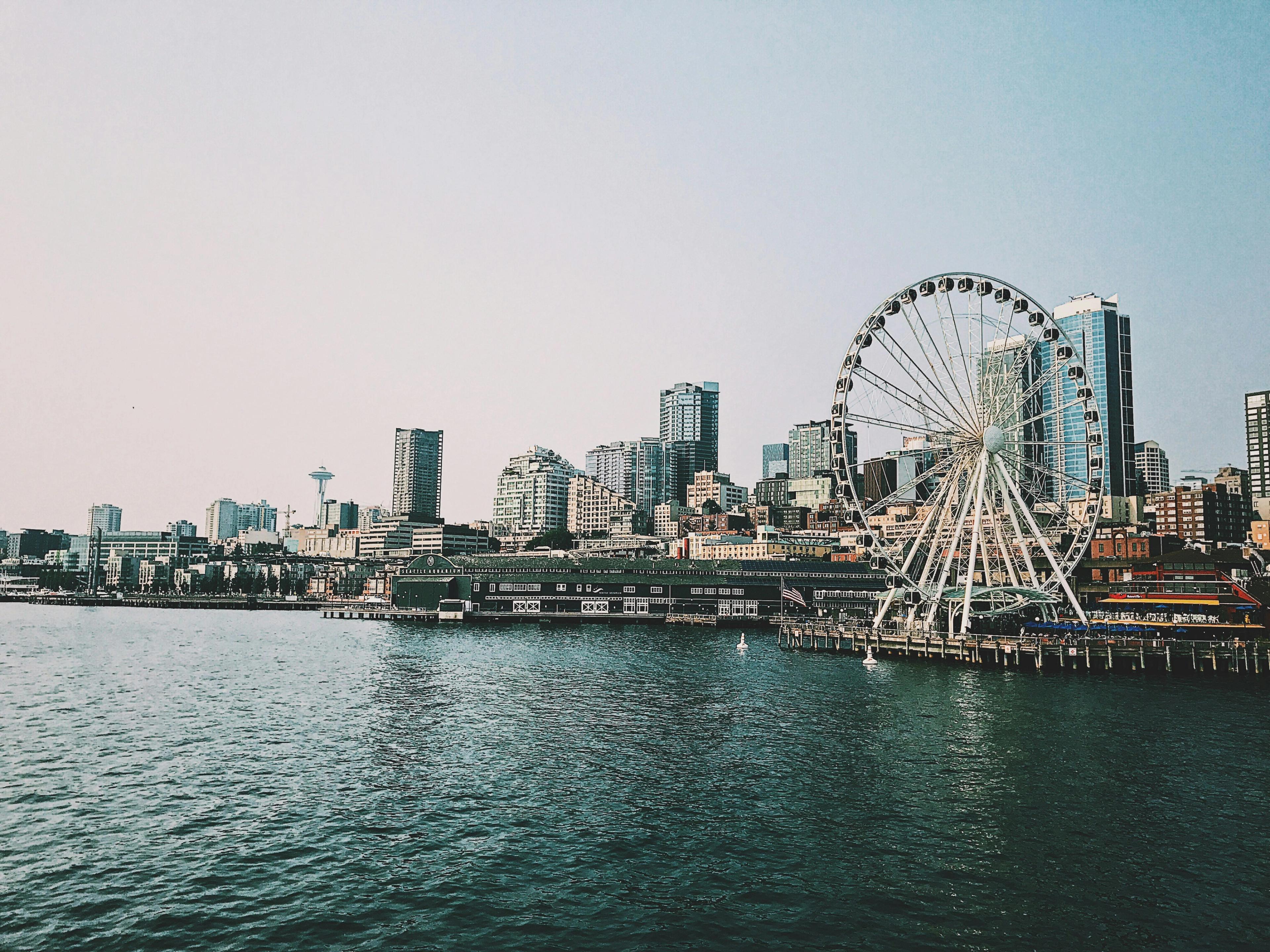 The Seattle waterfront from Elliott Bay, with the Great Wheel and Space Needle