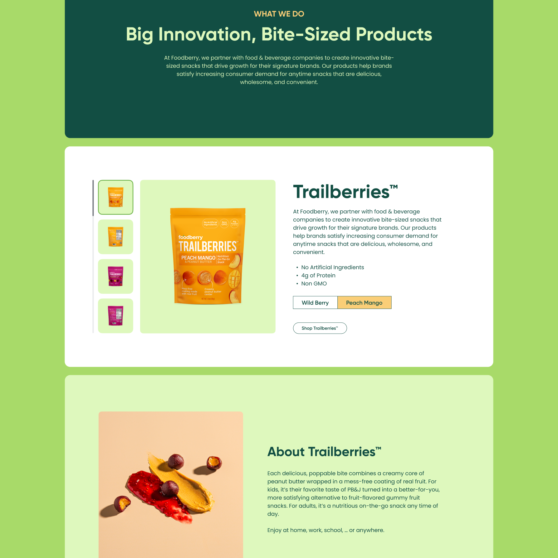 Vertical stack of various pages on the Foodberry site
