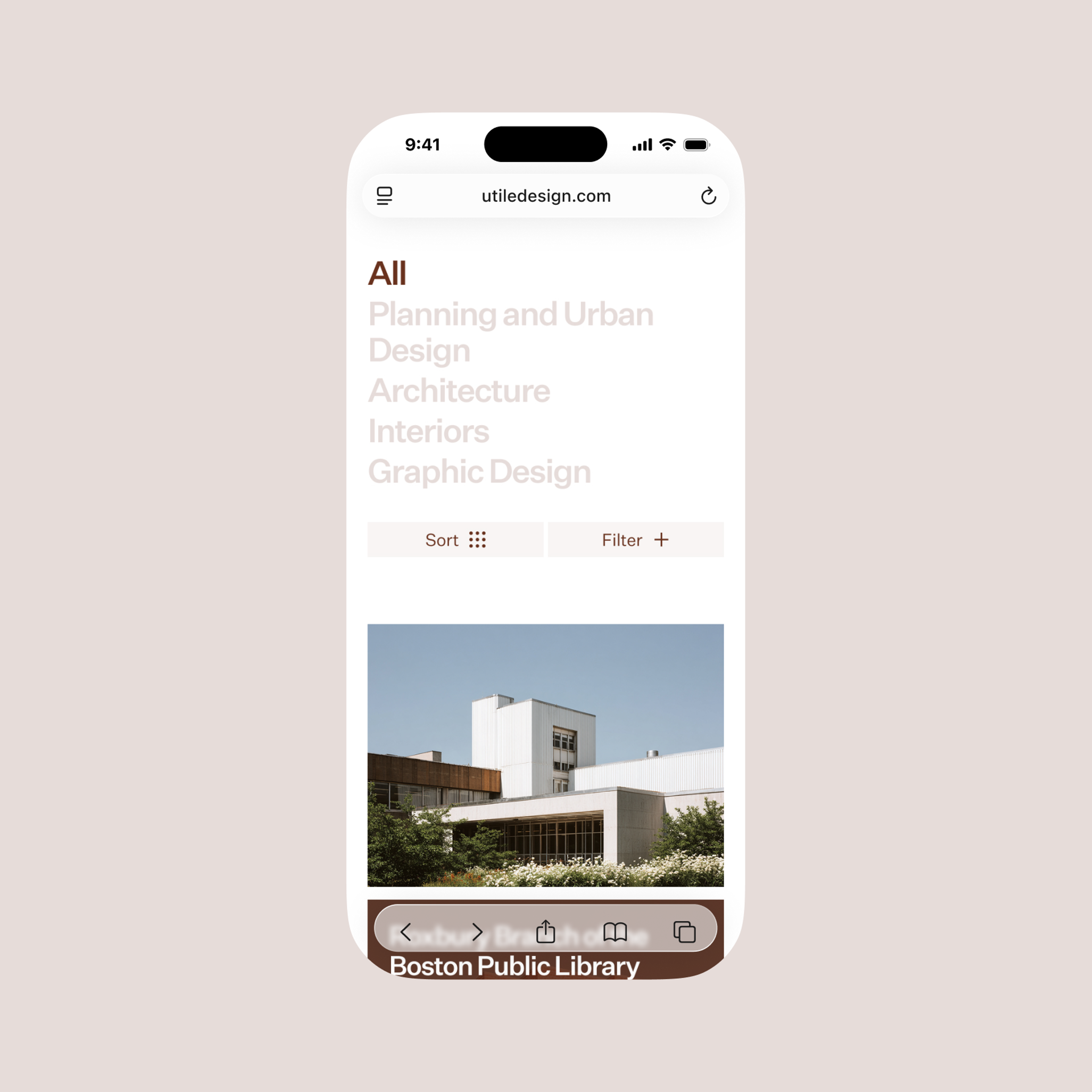 Close up detail of the Utile website on a mobile phone screen