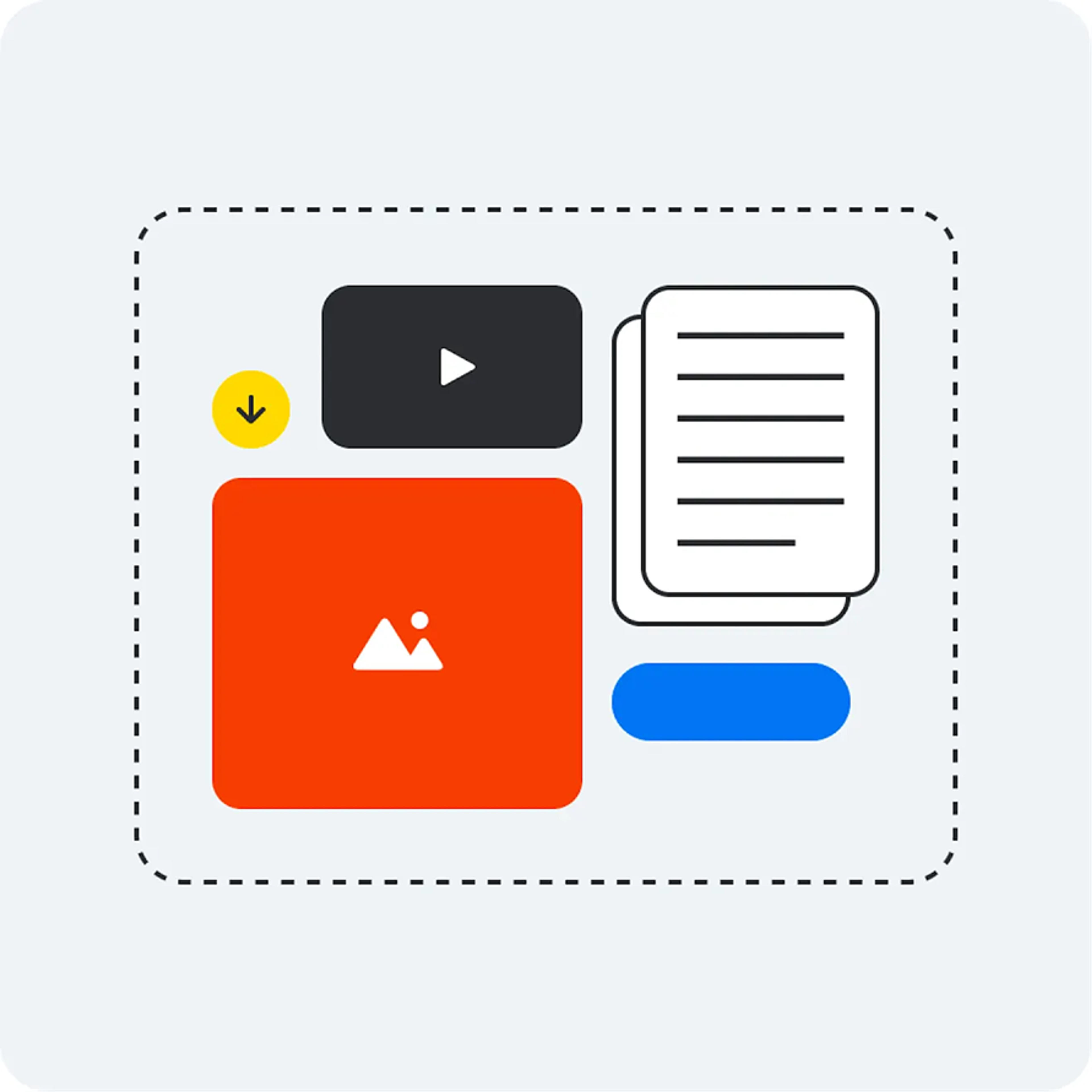 Illustration of structured content blocks — video, image, text and a button — inside a content model frame