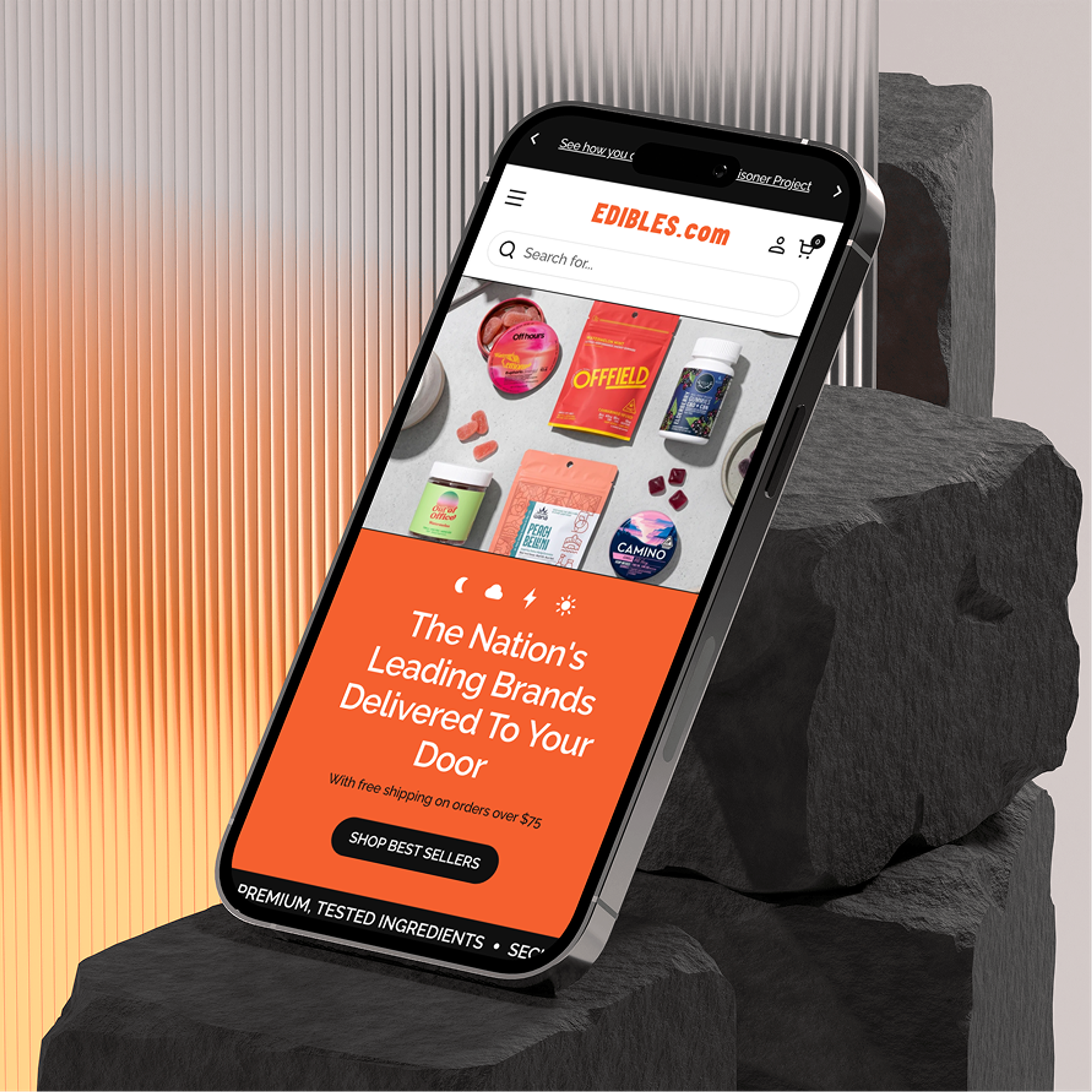 Edibles.com website shown on a phone screen