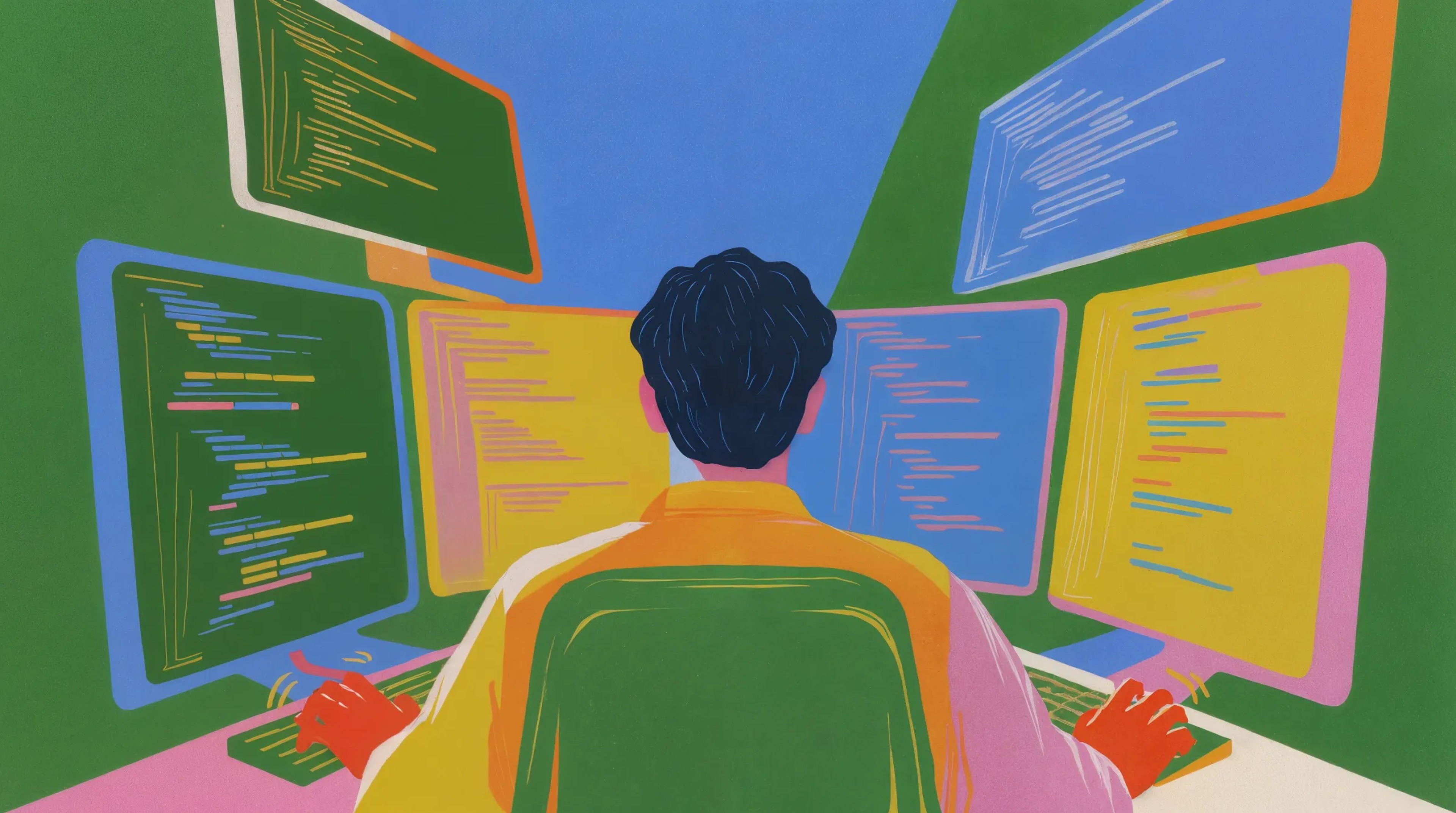 Illustration of a developer at a wall of code-filled monitors